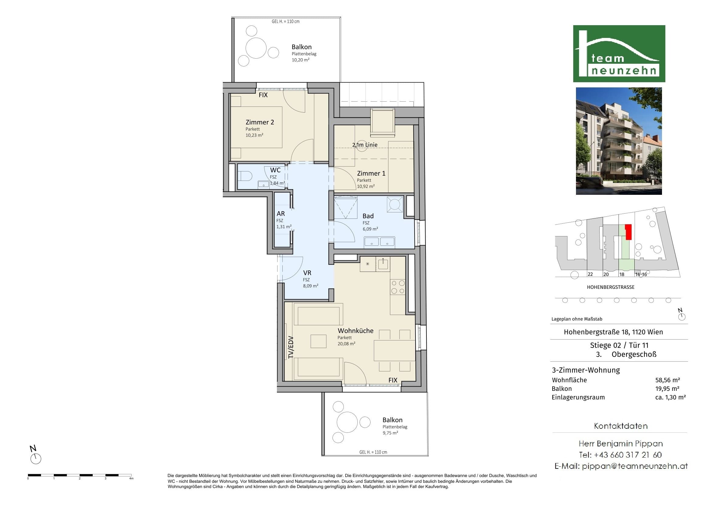 Floorplan Top 2/11 — VISTA18 — 3 Rooms — 58.6 m² — 3. OG — Süd