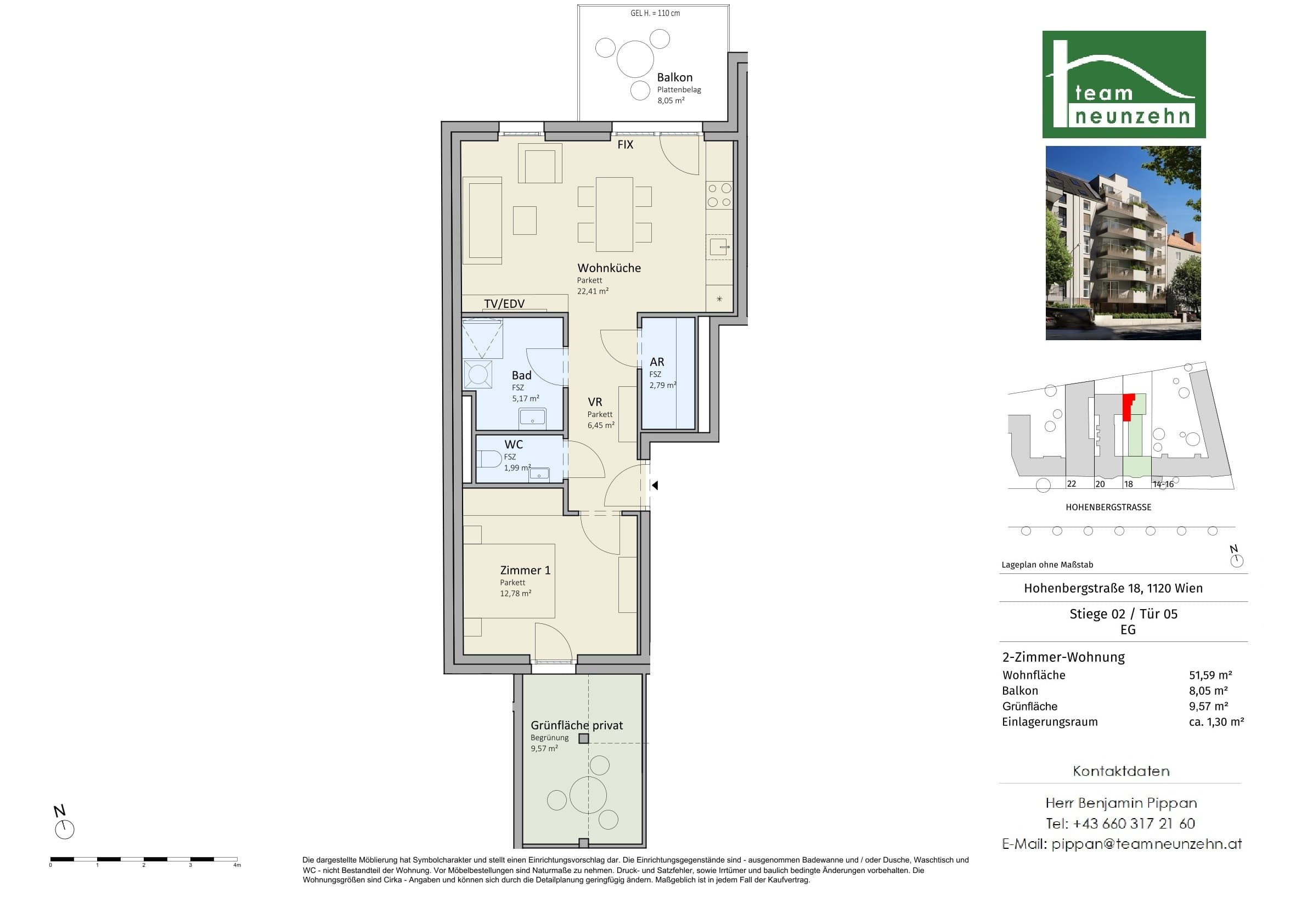 Grundriss Top 2/05 — VISTA18 — 2 Zimmer — 51,6 m² — EG — Nord