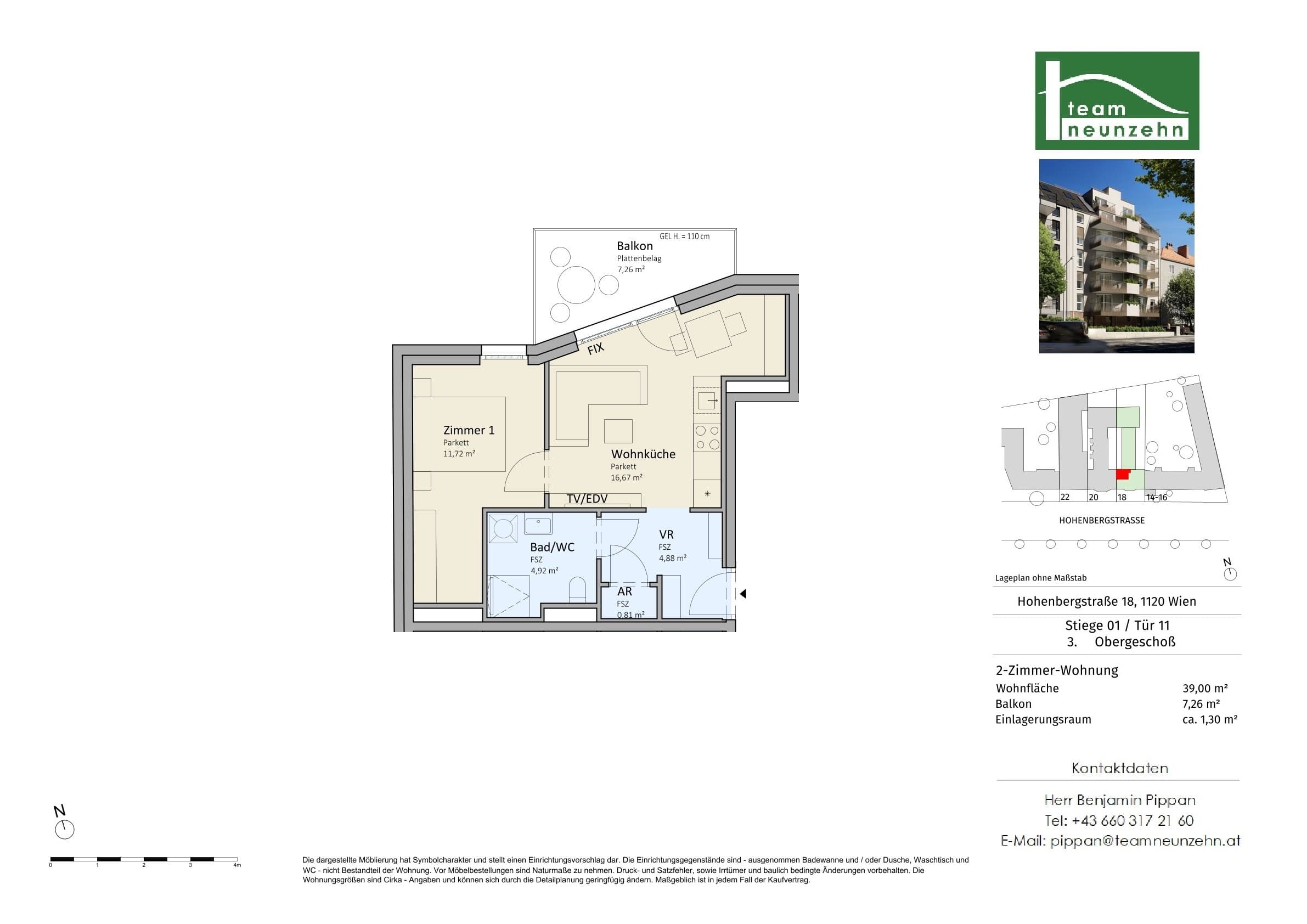 Grundriss Top 1/11 — VISTA18 — 2 Zimmer — 39 m² — 3. OG — Nord