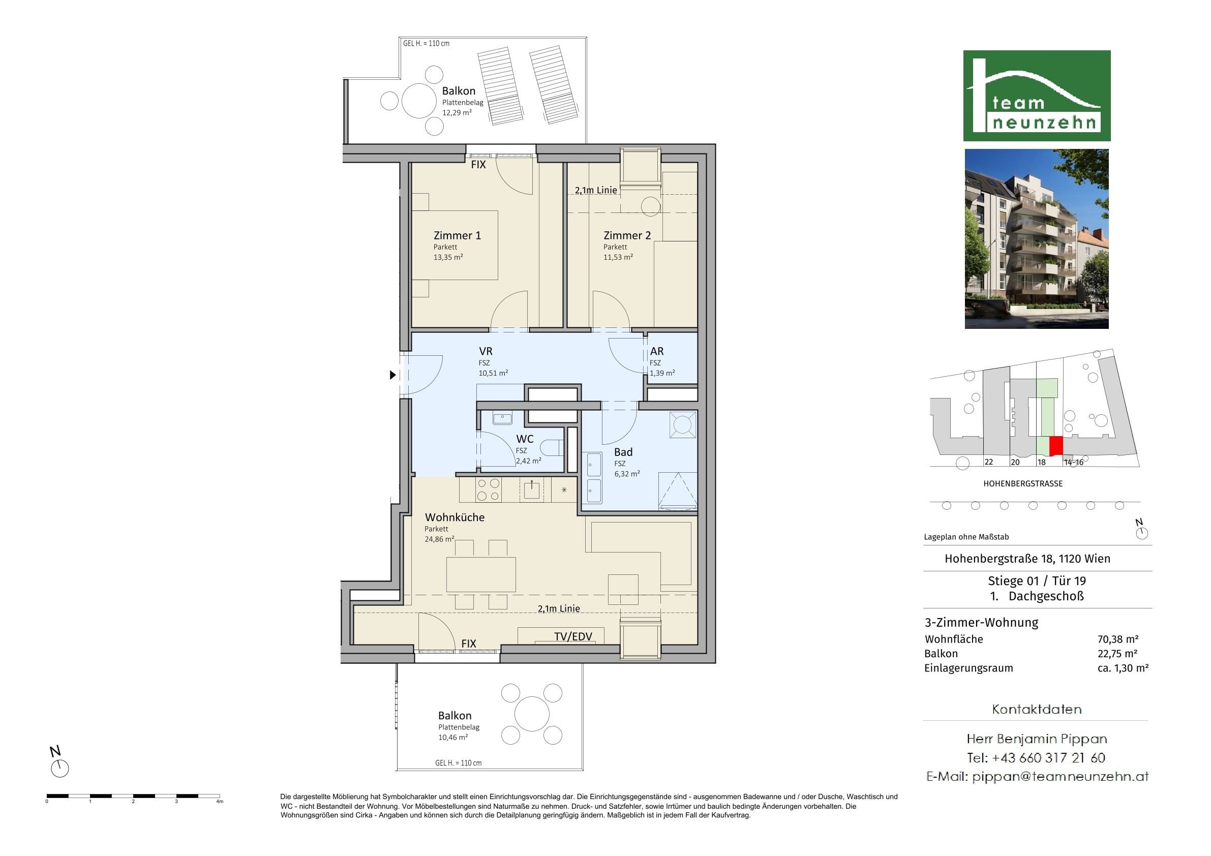 Floorplan Top 1/19 — VISTA18 — 3 Rooms — 70.4 m² — 1. DG — Süd