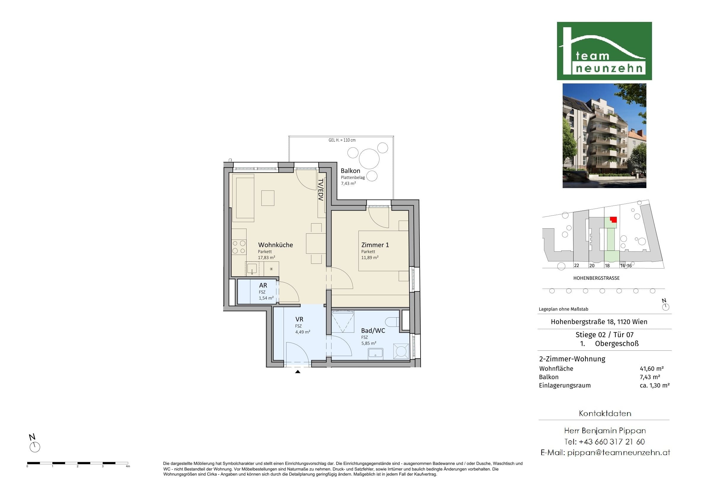 Grundriss Top 2/07 — VISTA18 — 2 Zimmer — 41,6 m² — 1. OG — Nord