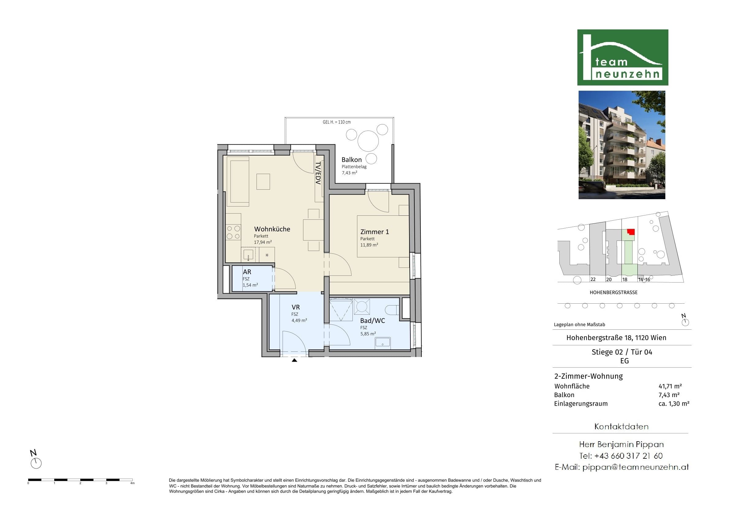 Grundriss Top 2/04 — VISTA18 — 2 Zimmer — 41,7 m² — EG — Nord