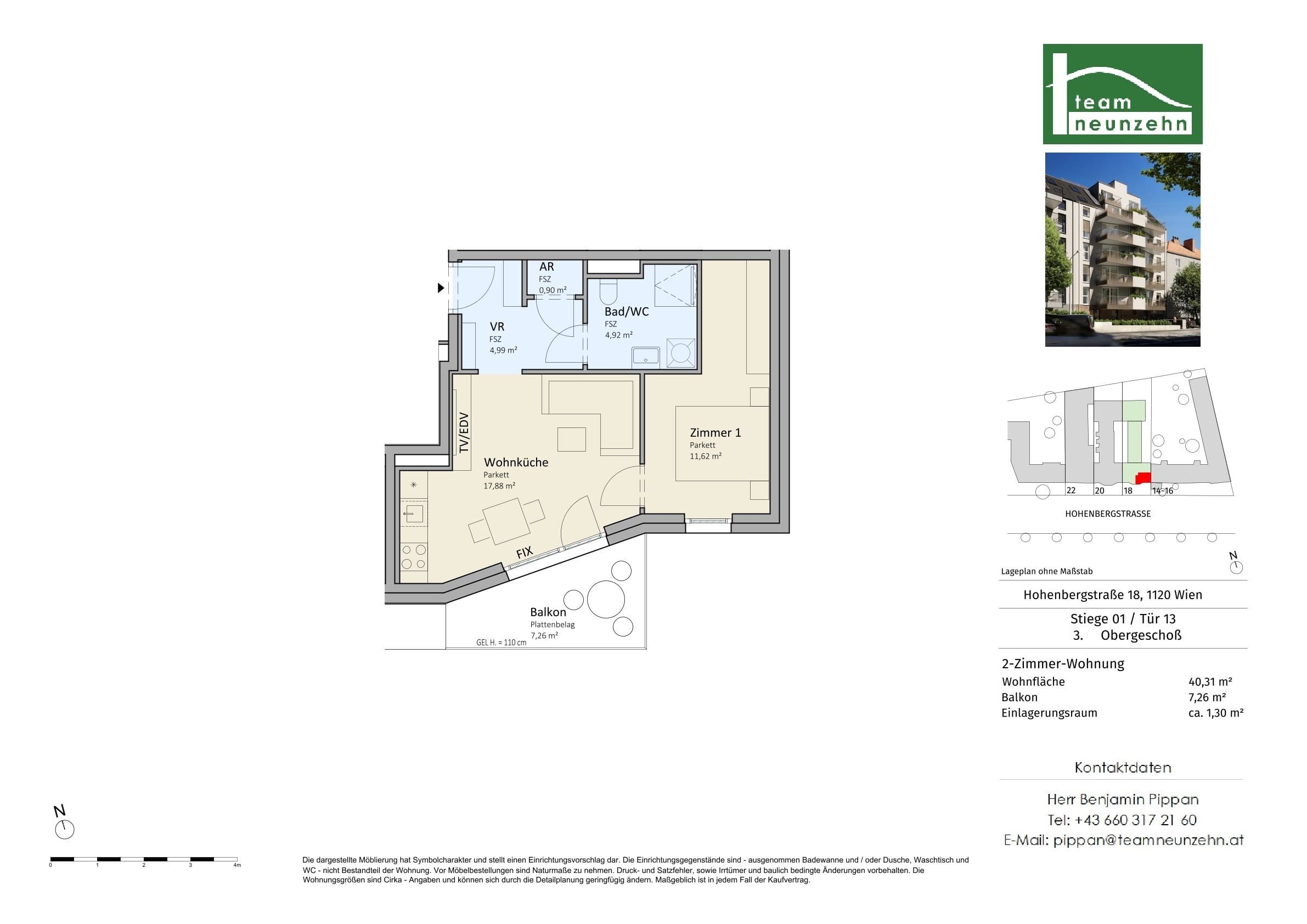 Grundriss Top 1/13 — VISTA18 — 2 Zimmer — 40,3 m² — 3. OG — Süd