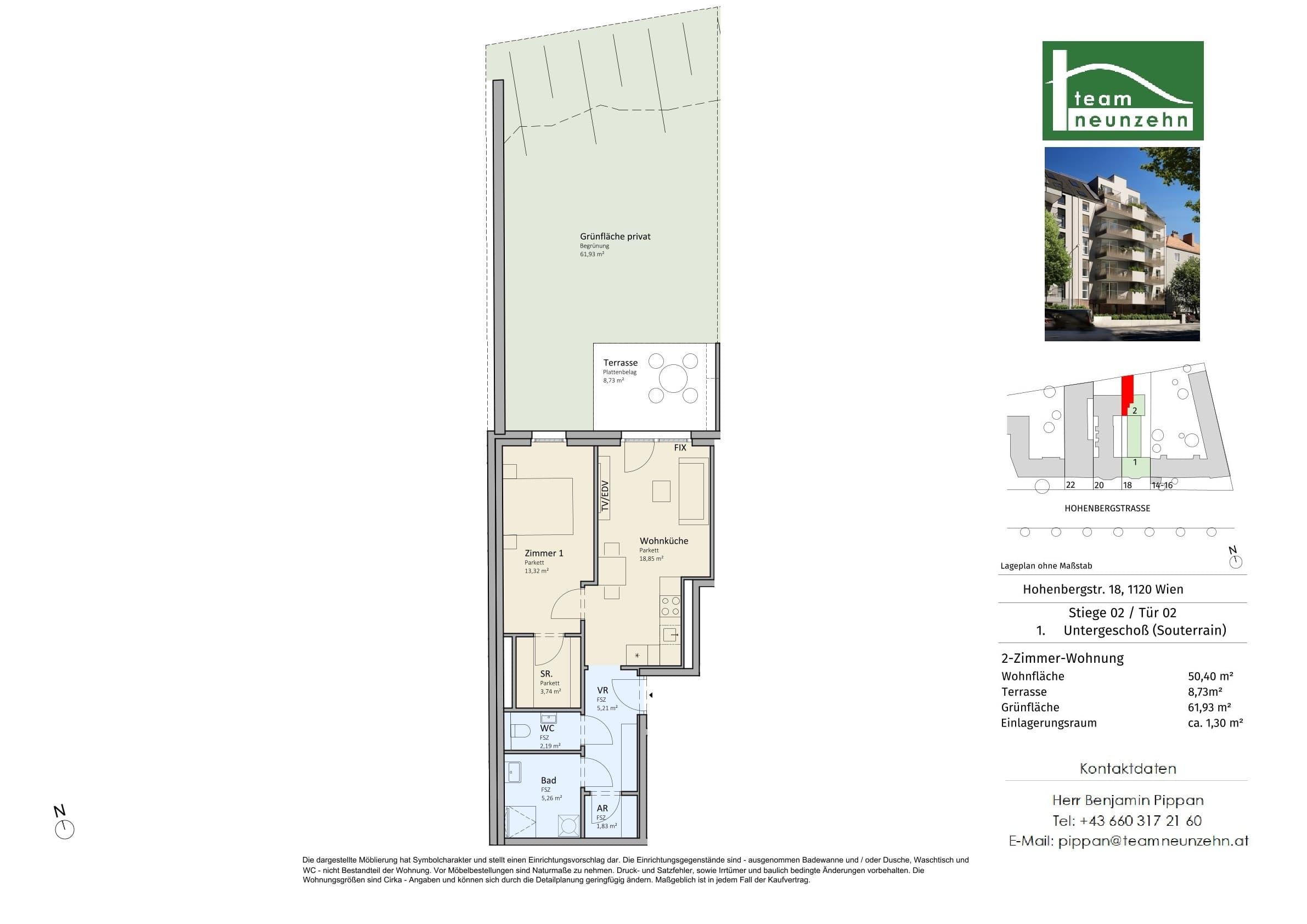 Grundriss Top 2/02 — VISTA18 — 2 Zimmer — 50,4 m² — Souterrain — Nord
