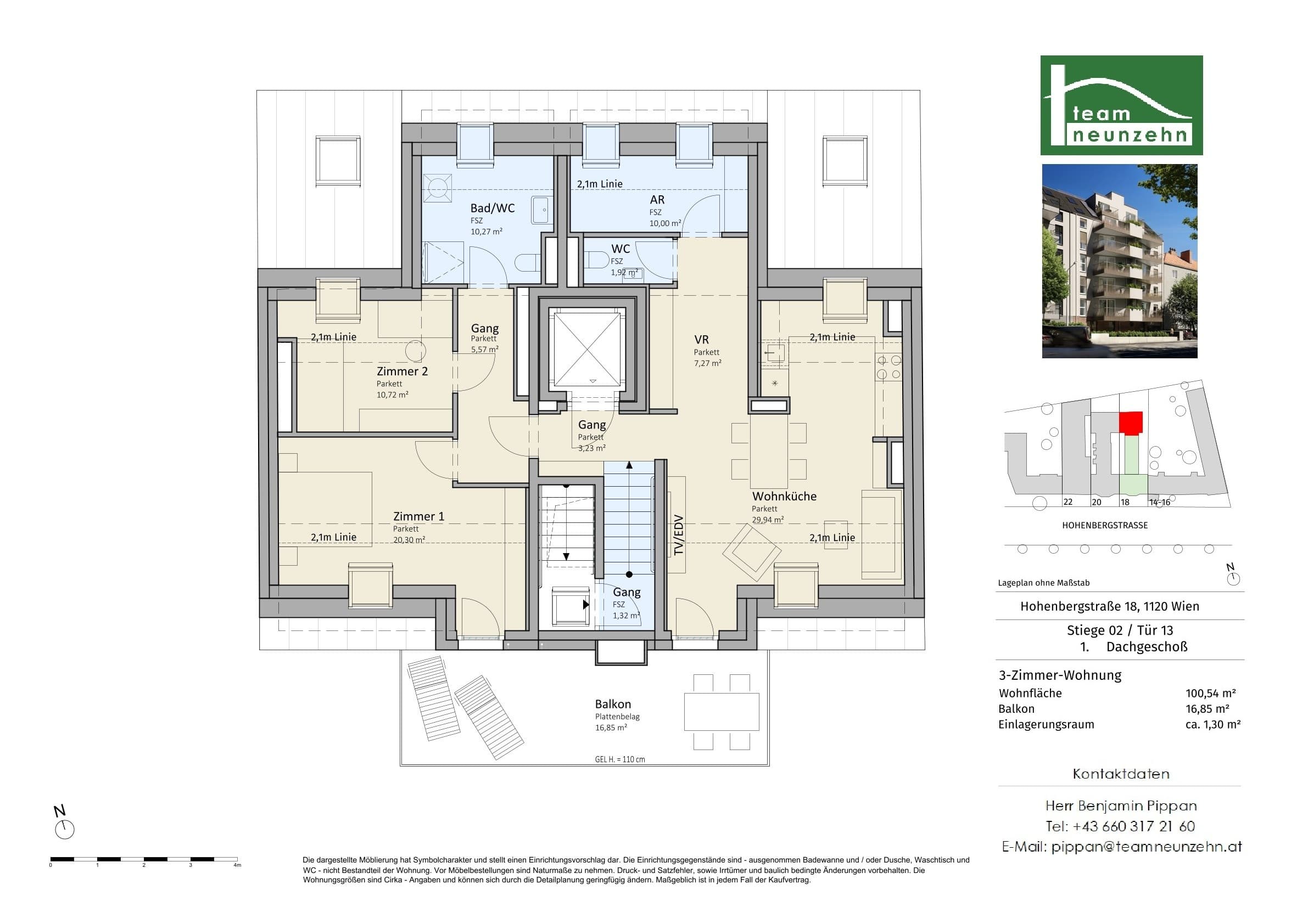 Grundriss Top 2/13 — VISTA18 — 3 Zimmer — 100,5 m² — 1. DG — Süd