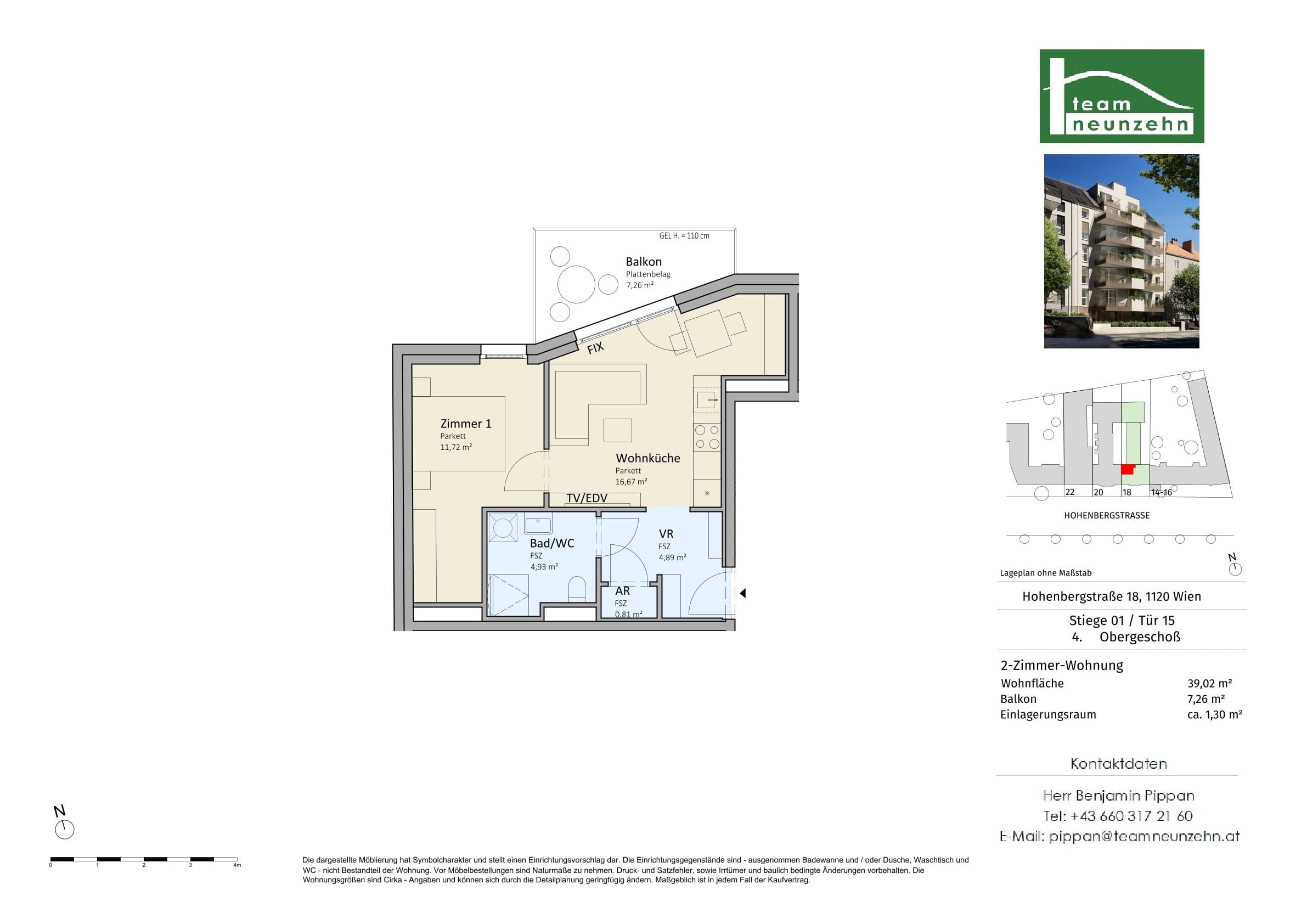 Grundriss Top 1/15 — VISTA18 — 2 Zimmer — 39 m² — 4. OG — Nord