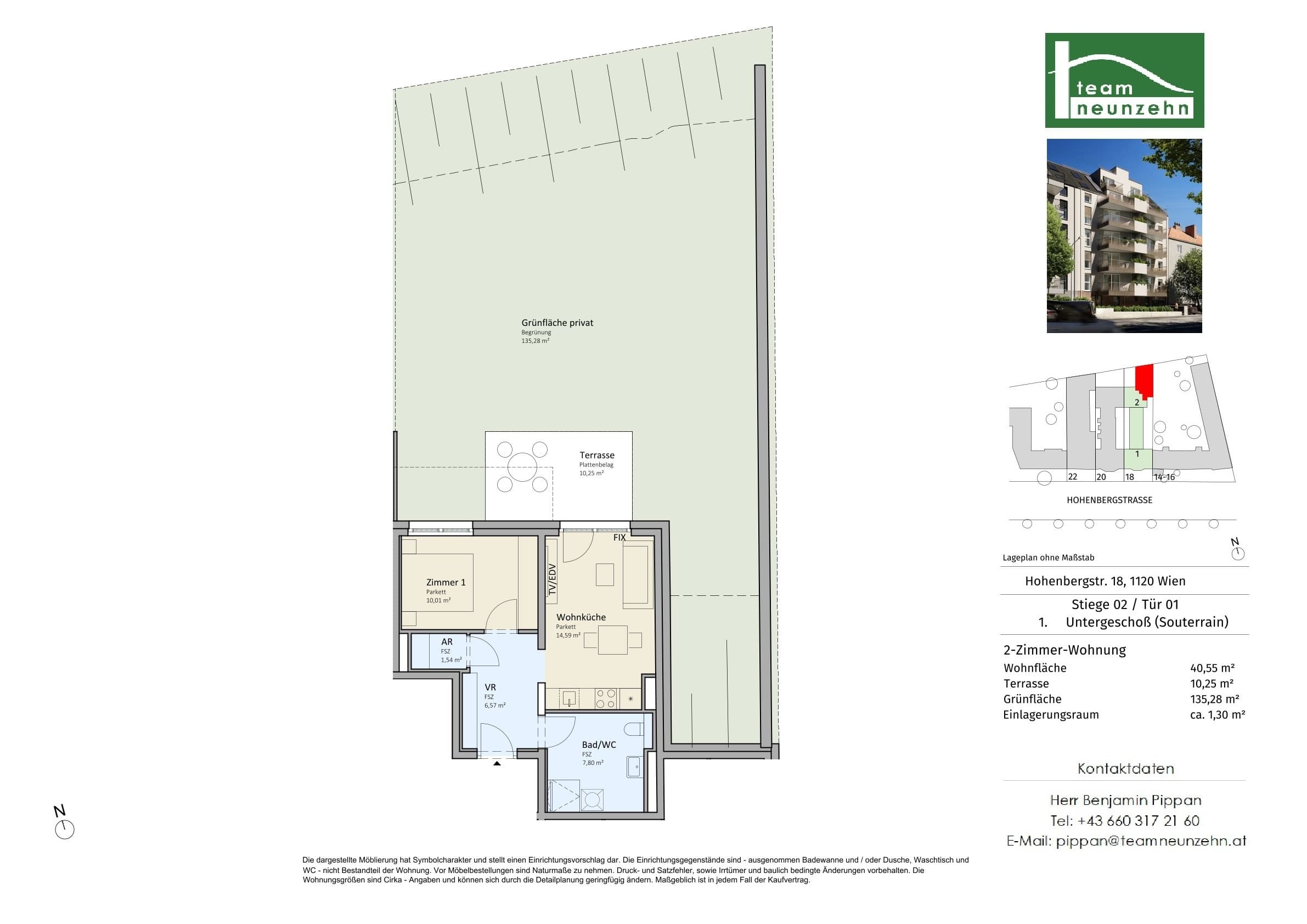 Grundriss Top 2/01 — VISTA18 — 2 Zimmer — 40,6 m² — Souterrain — Nord