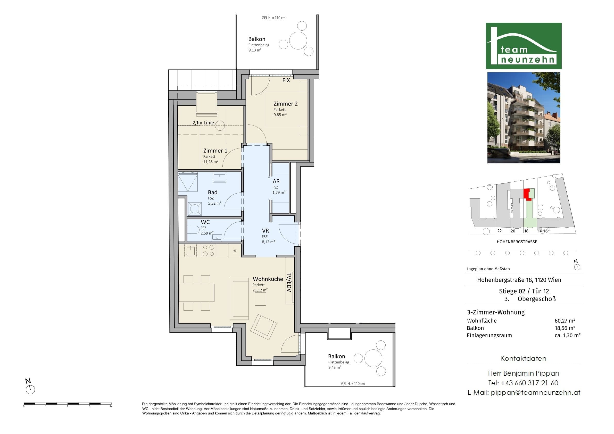 Grundriss Top 2/12 — VISTA18 — 3 Zimmer — 60,3 m² — 3. OG — Südost
