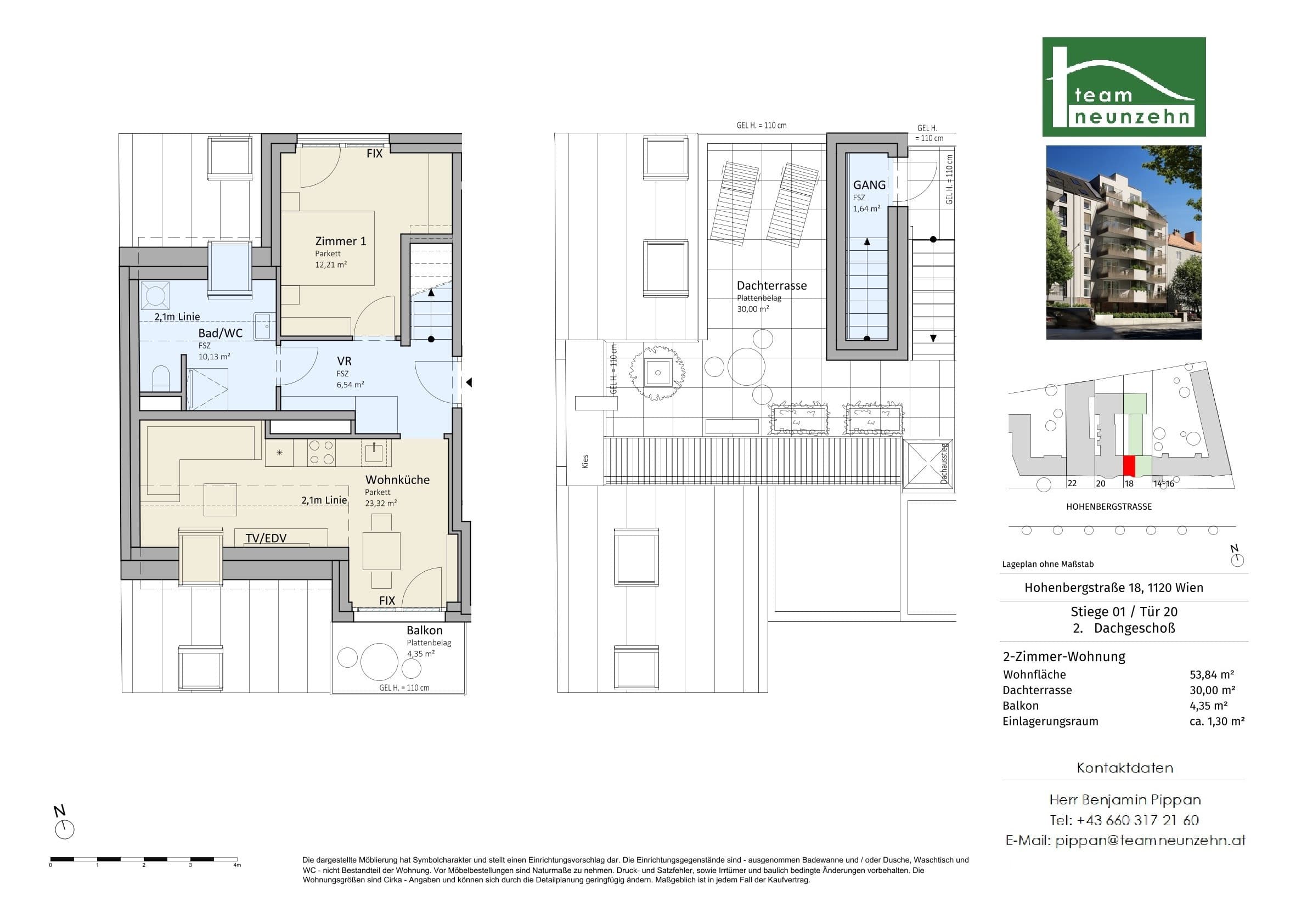 Floorplan Top 1/20 — VISTA18 — 2 Rooms — 53.8 m² — 2. DG — Süd