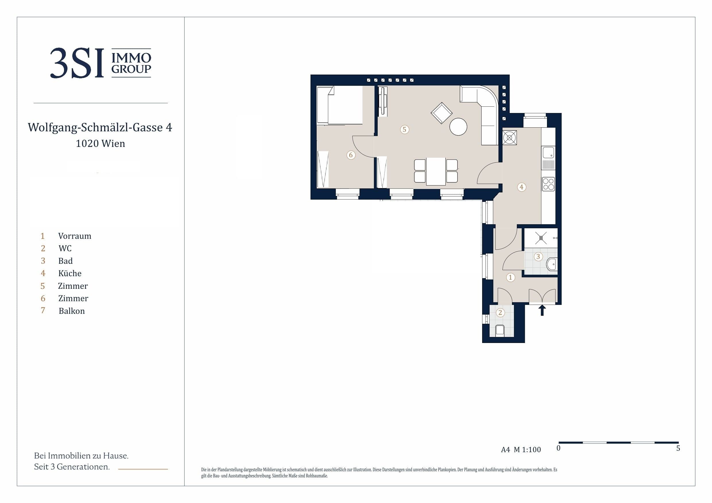 Grundriss Top 6 — Wolfgang-Schmälzl-Gasse 4 — 2 Zimmer — 45,9 m² — EG / Mezzanin