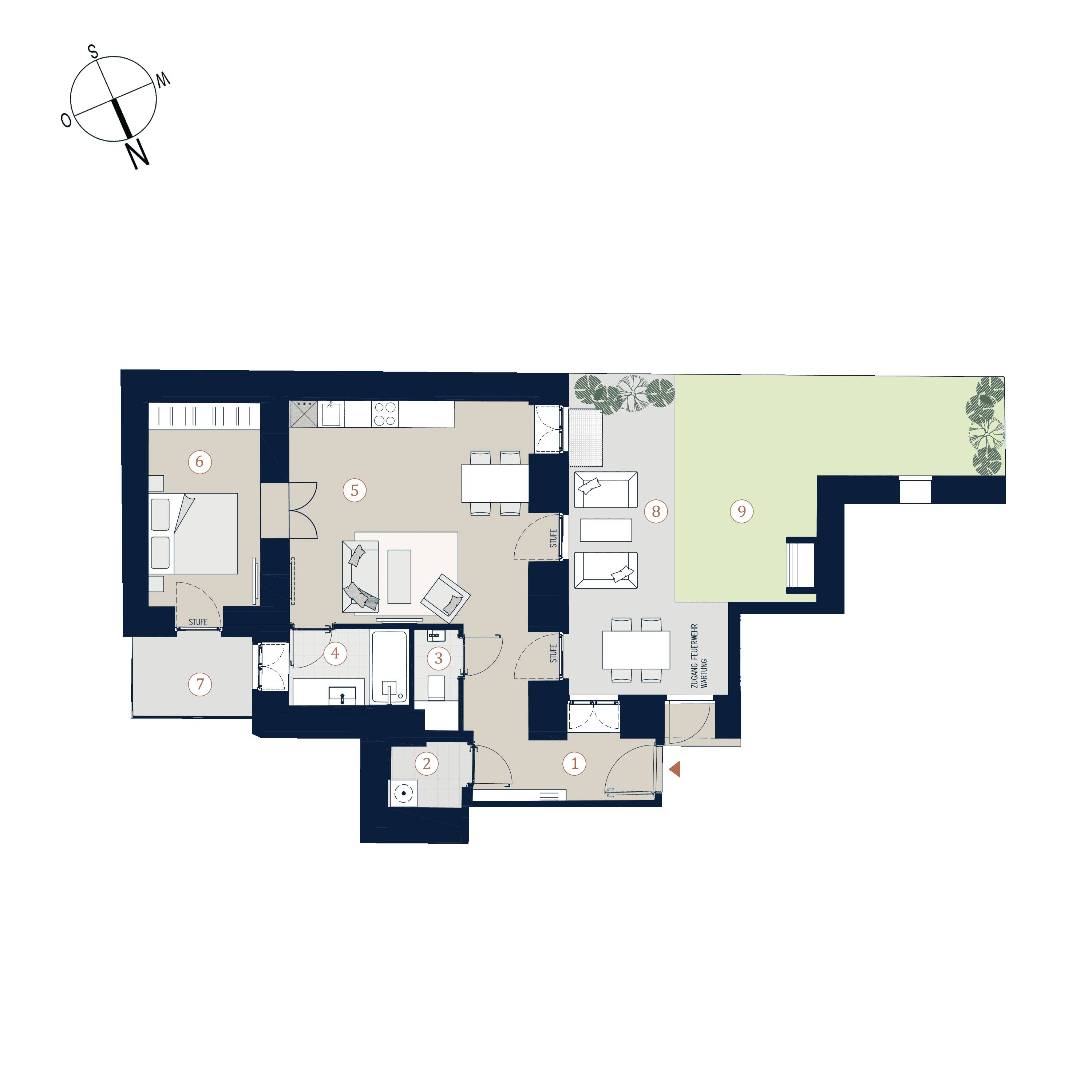Grundriss Top 3 — Prunkstück — 2 Zimmer — 56,2 m² — Ground floor — Norden, Westen