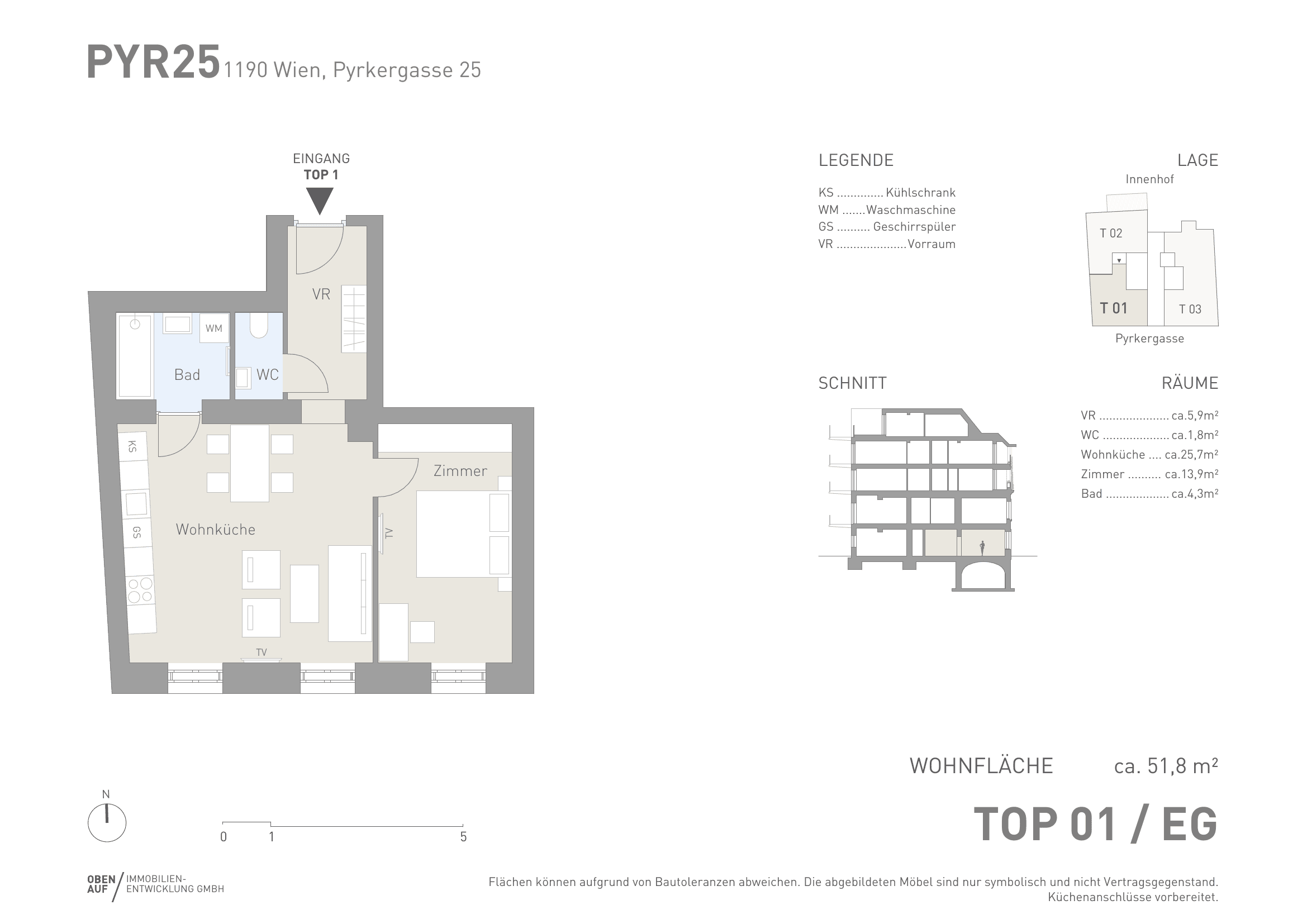 Grundriss Top 1 — Pyrkergasse 25 — 2 Zimmer — 51,8 m² — Ground floor — Pyrkergasse (street side), Innenhof (courtyard)