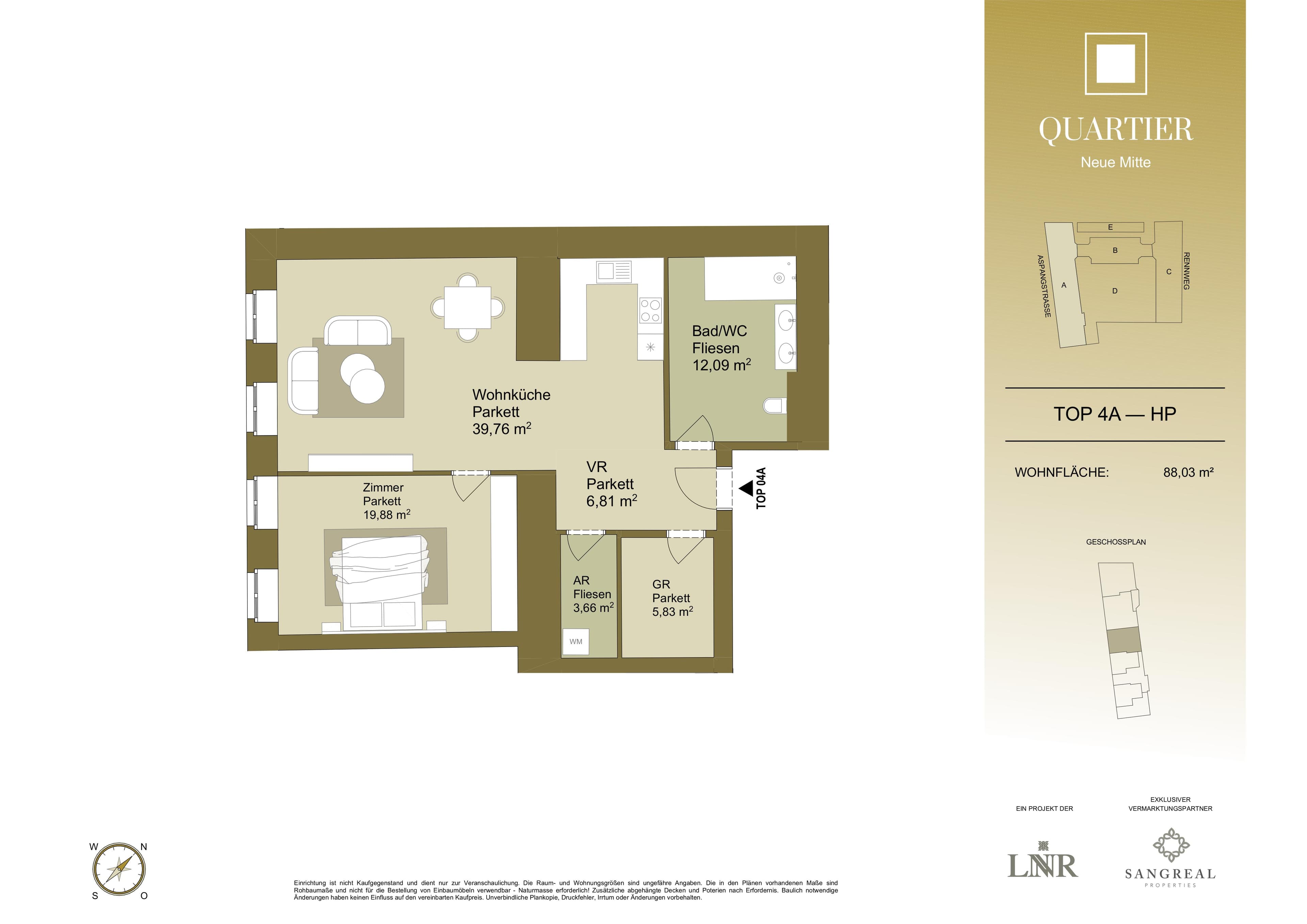 Grundriss Top 4A — Quartier Neue Mitte — 2 Zimmer — 88 m² — Ground floor
