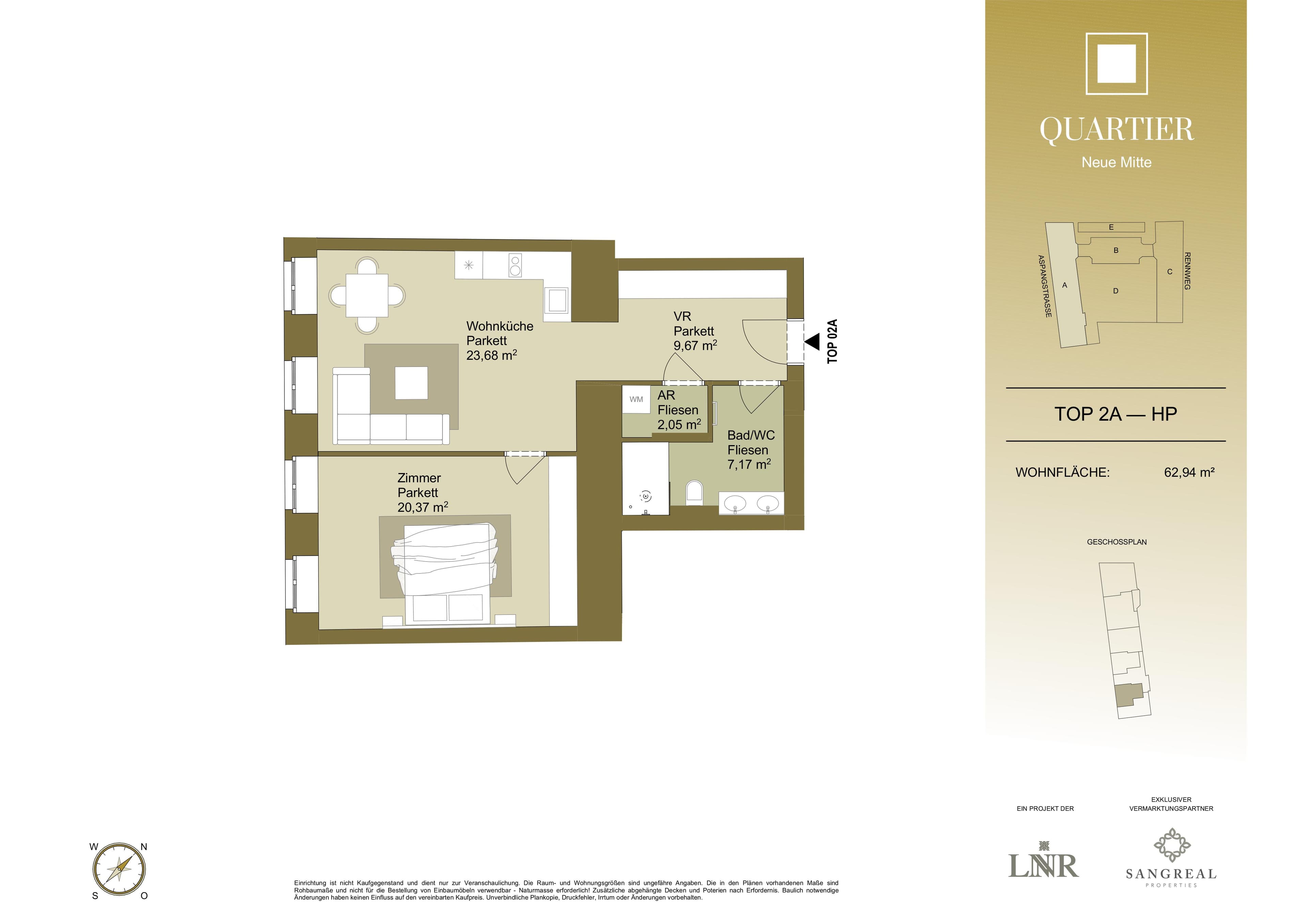 Grundriss Top 2A — Quartier Neue Mitte — 2 Zimmer — 62,9 m² — Ground floor