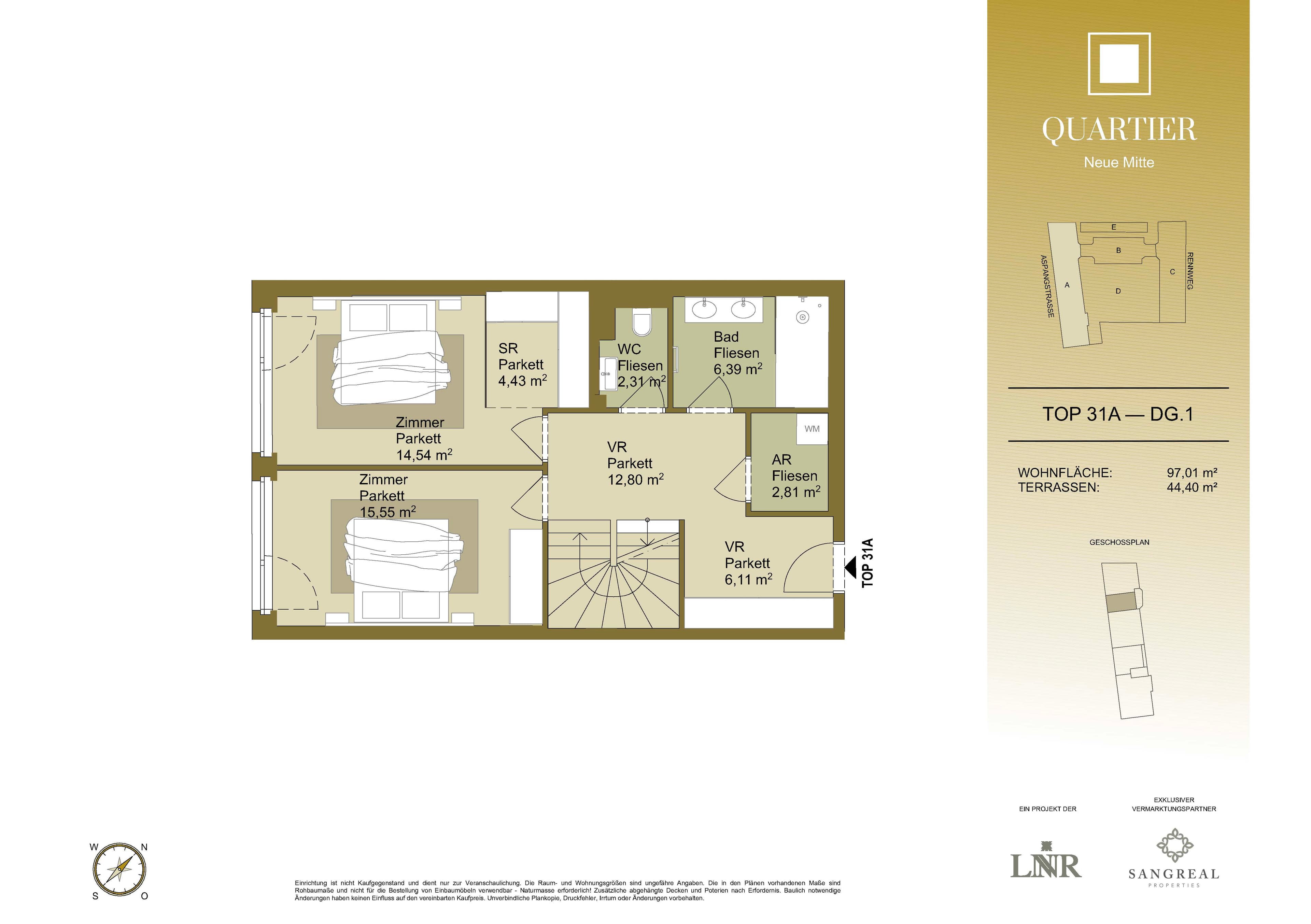 Grundriss Top 31A — Quartier Neue Mitte — 3 Zimmer — 97 m² — 1st attic floor / 2nd attic floor — Grundriss 1/2