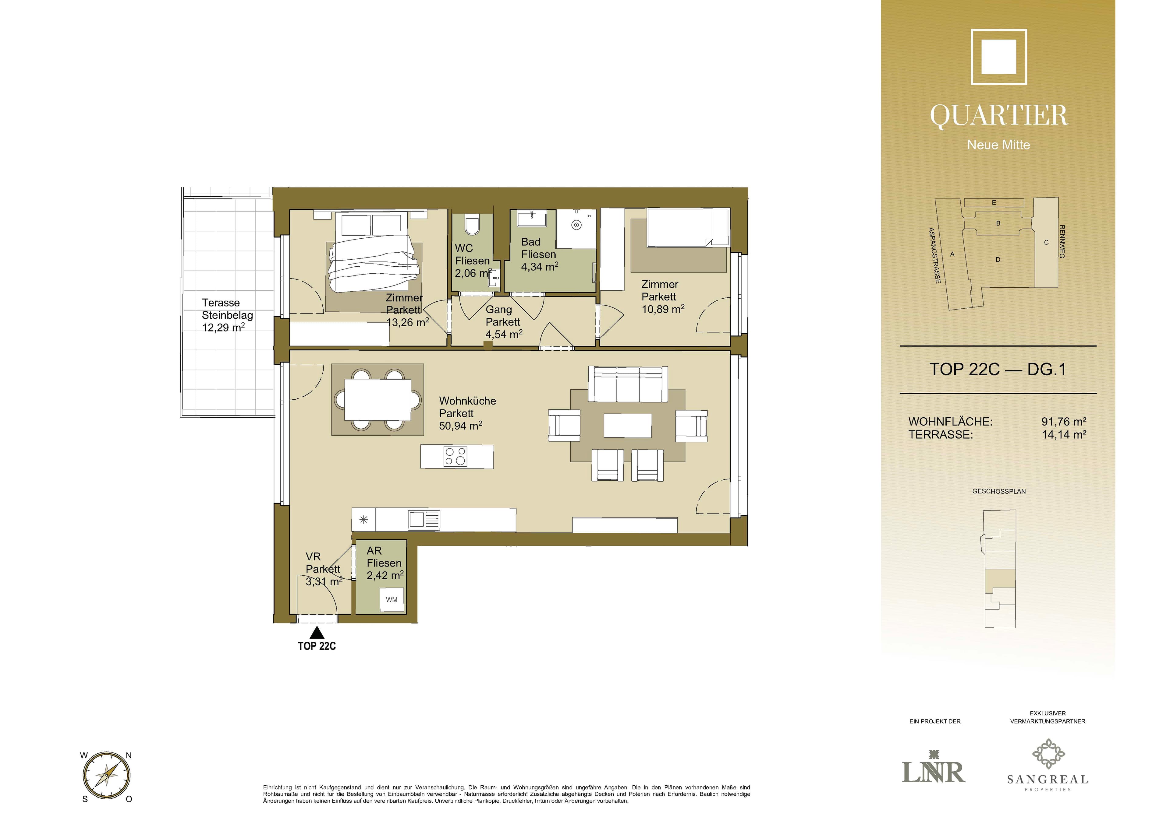 Grundriss Top 22C — Quartier Neue Mitte — 3 Zimmer — 91,8 m² — 1st attic floor