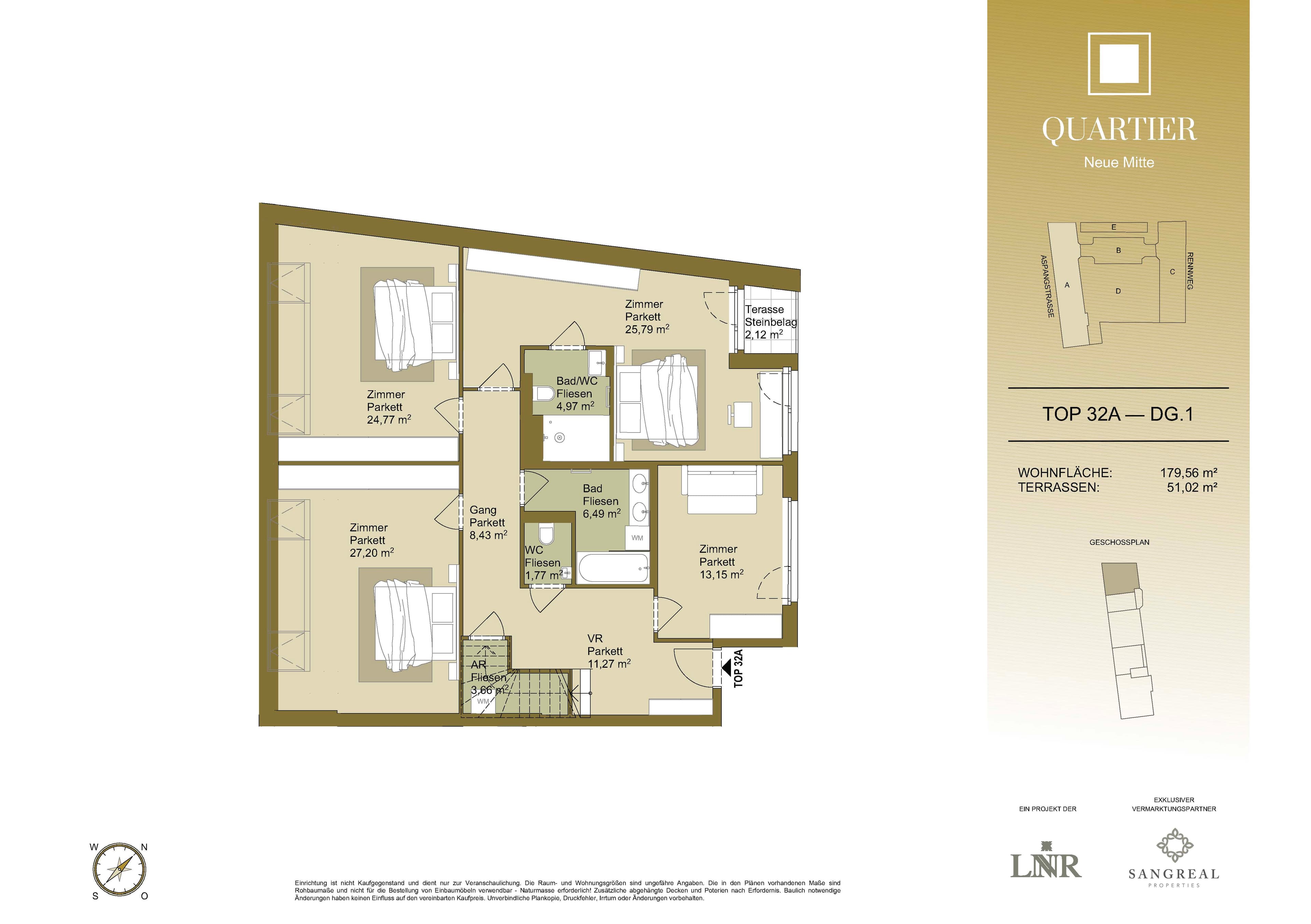 Grundriss Top 32A — Quartier Neue Mitte — 4 Zimmer — 179,6 m² — 1st attic floor / 2nd attic floor — Grundriss 1/2
