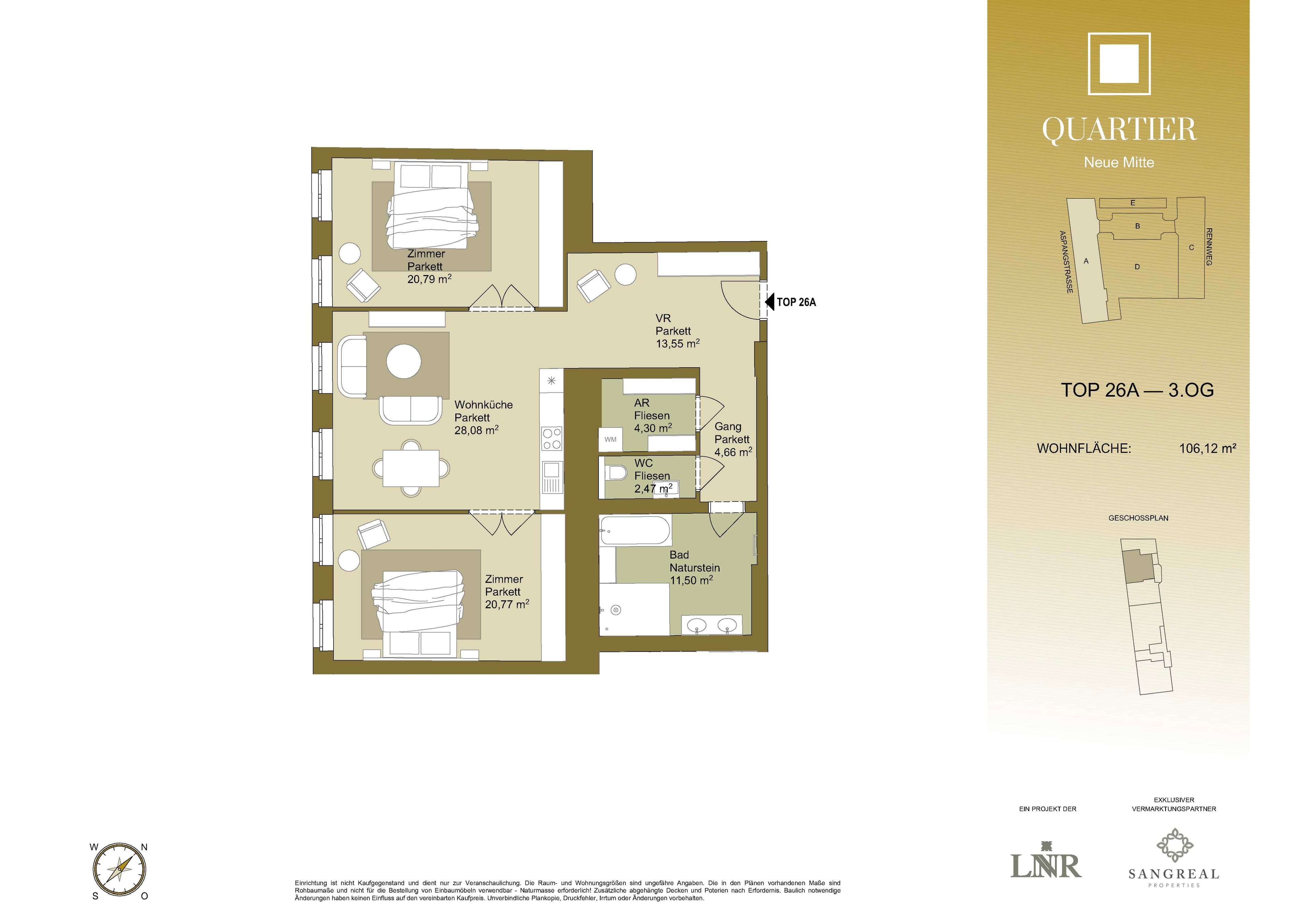 Grundriss Top 26A — Quartier Neue Mitte — 3 Zimmer — 106 m² — 3rd floor