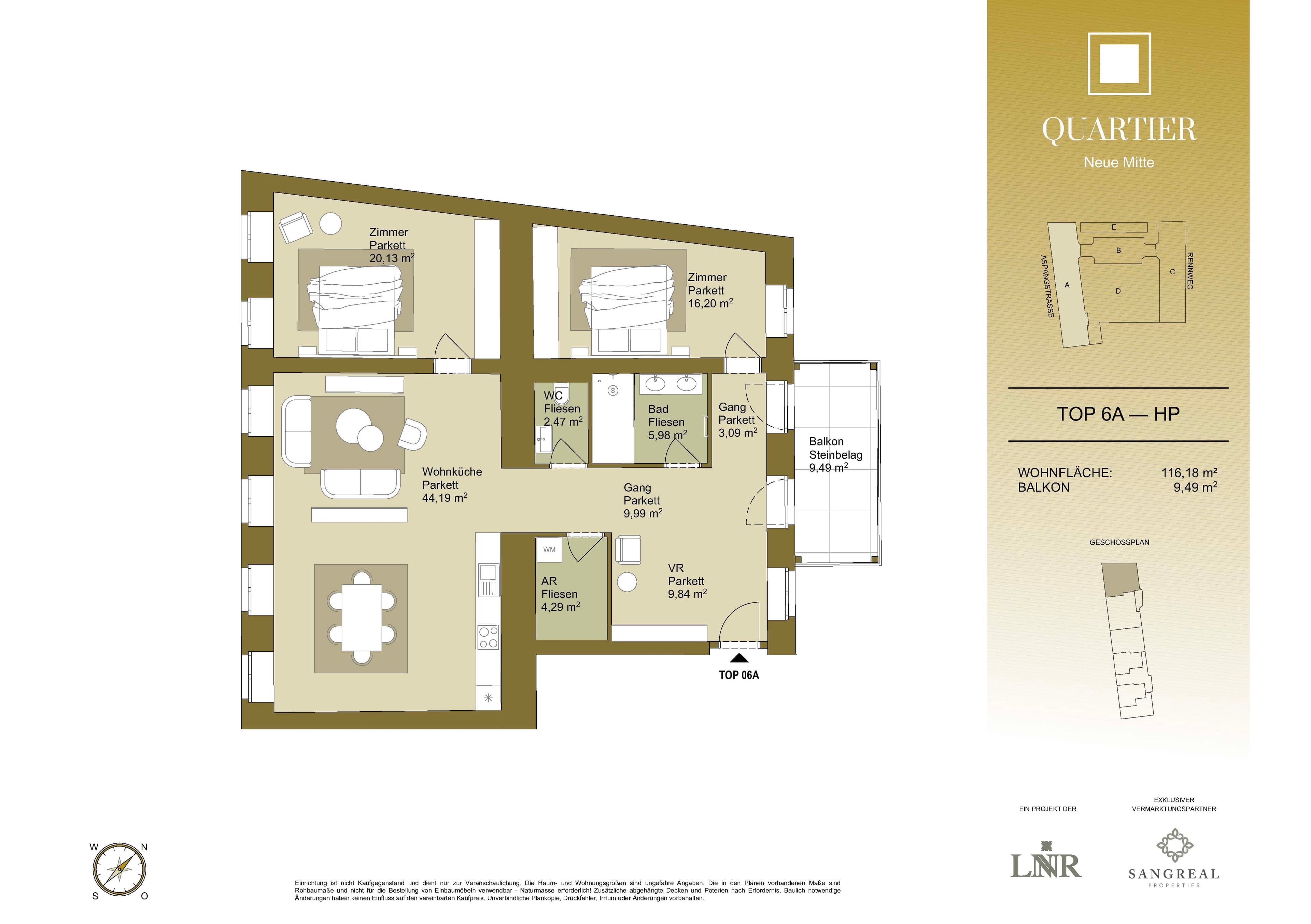Grundriss Top 6A — Quartier Neue Mitte — 3 Zimmer — 116,2 m² — Ground floor