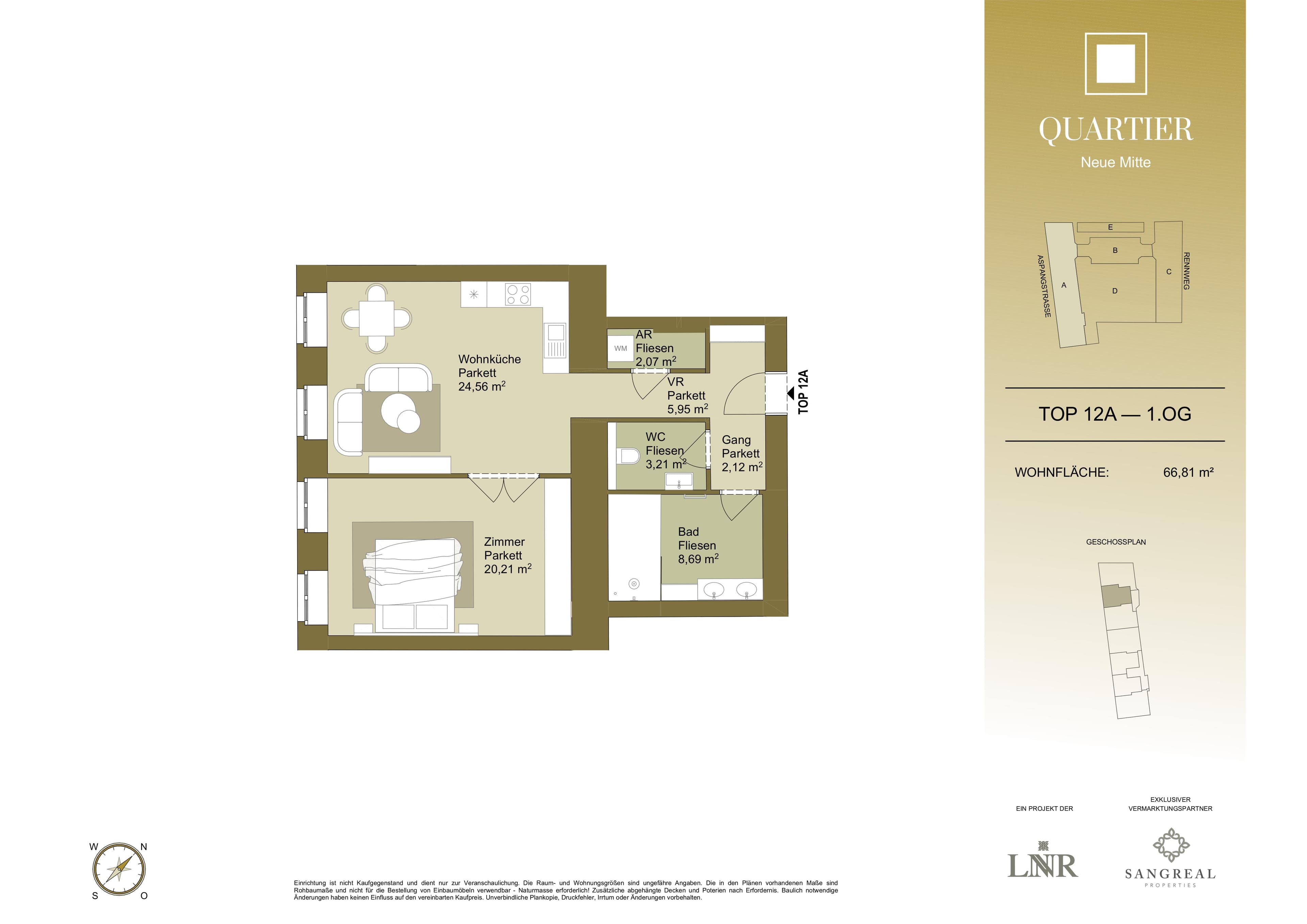 Grundriss Top 12A — Quartier Neue Mitte — 2 Zimmer — 66,8 m² — 1st floor