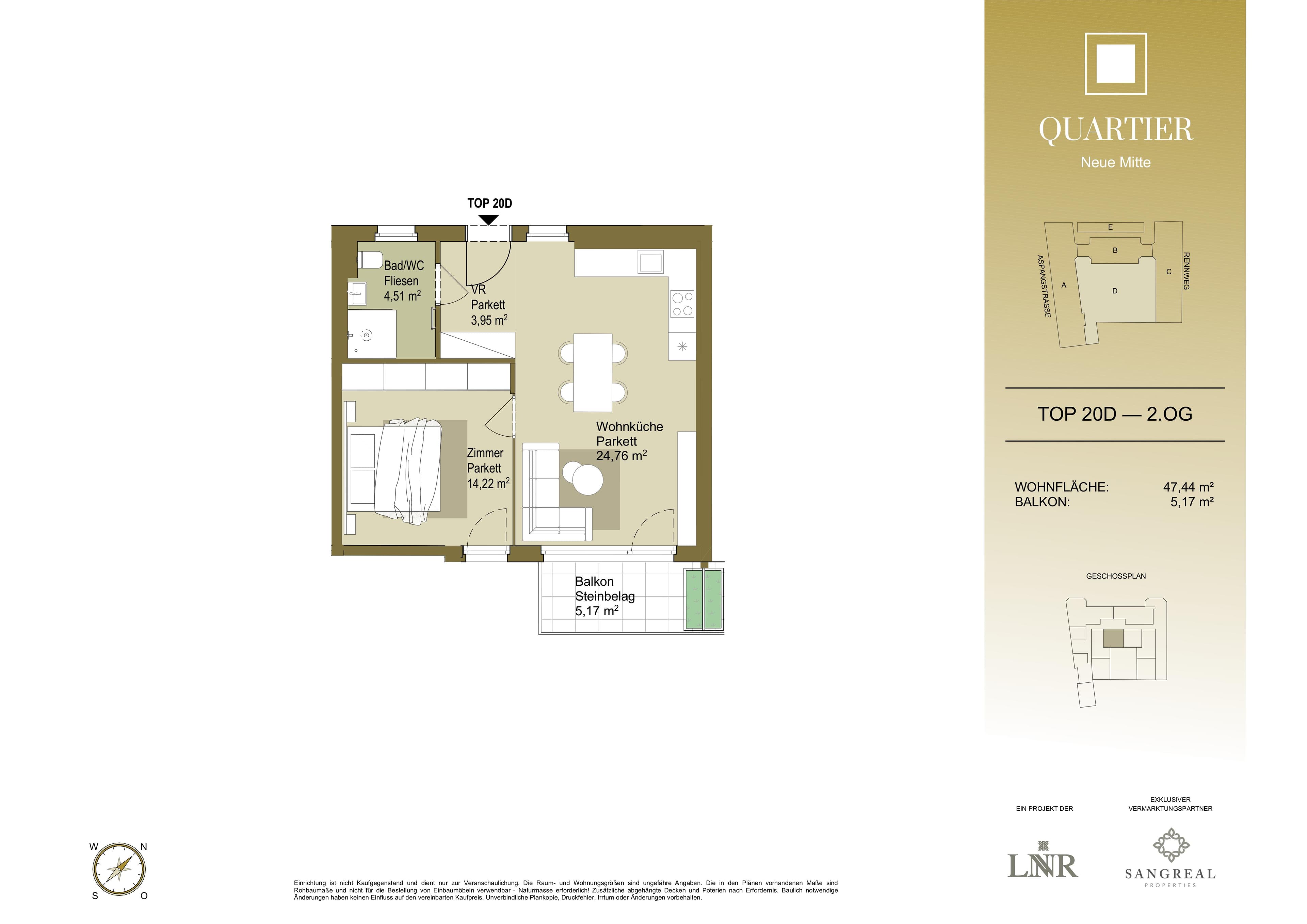 Grundriss Top 20D — Quartier Neue Mitte — 2 Zimmer — 47,4 m² — 2nd floor