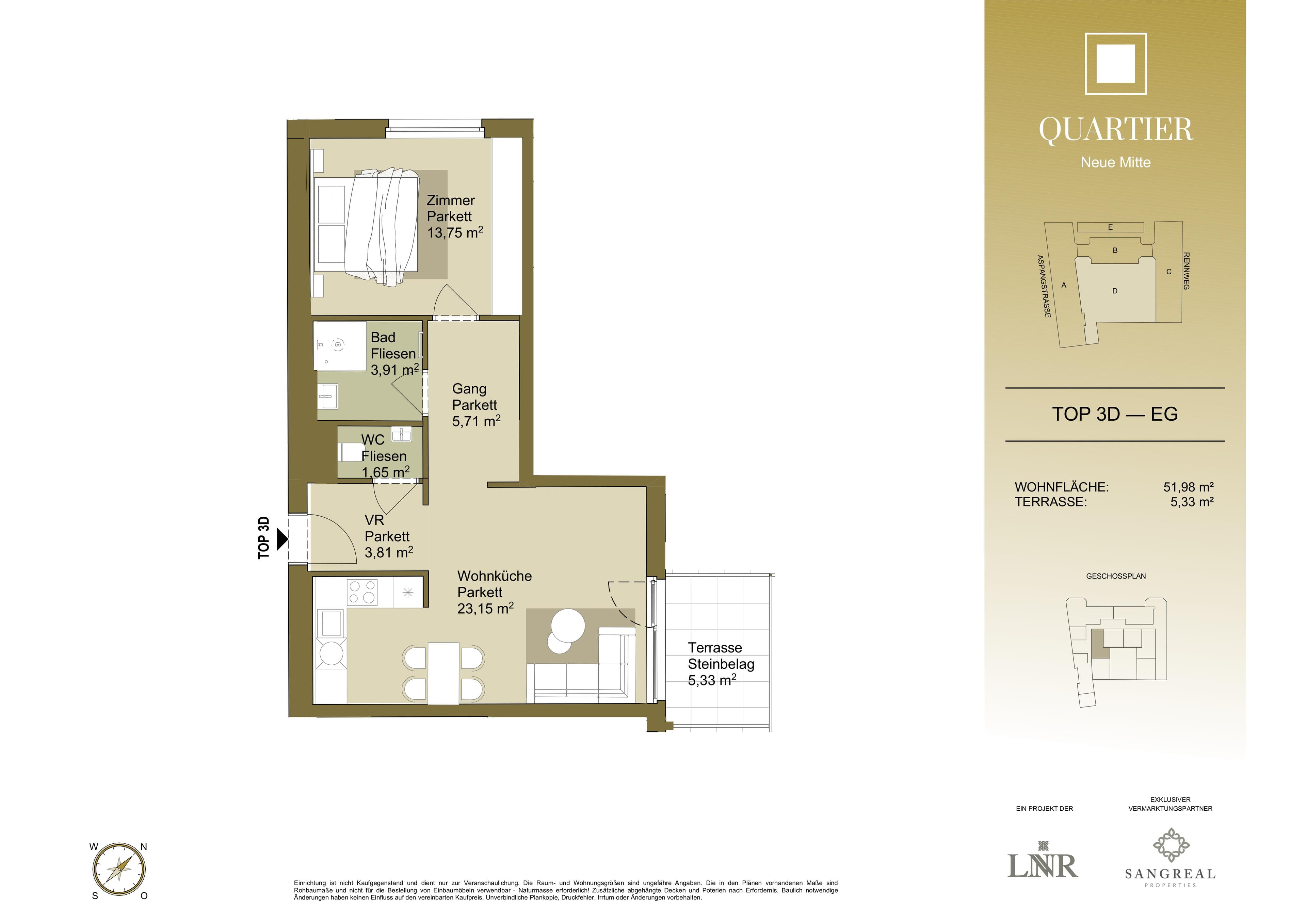 Grundriss Top 3D — Quartier Neue Mitte — 2 Zimmer — 52 m² — Ground floor