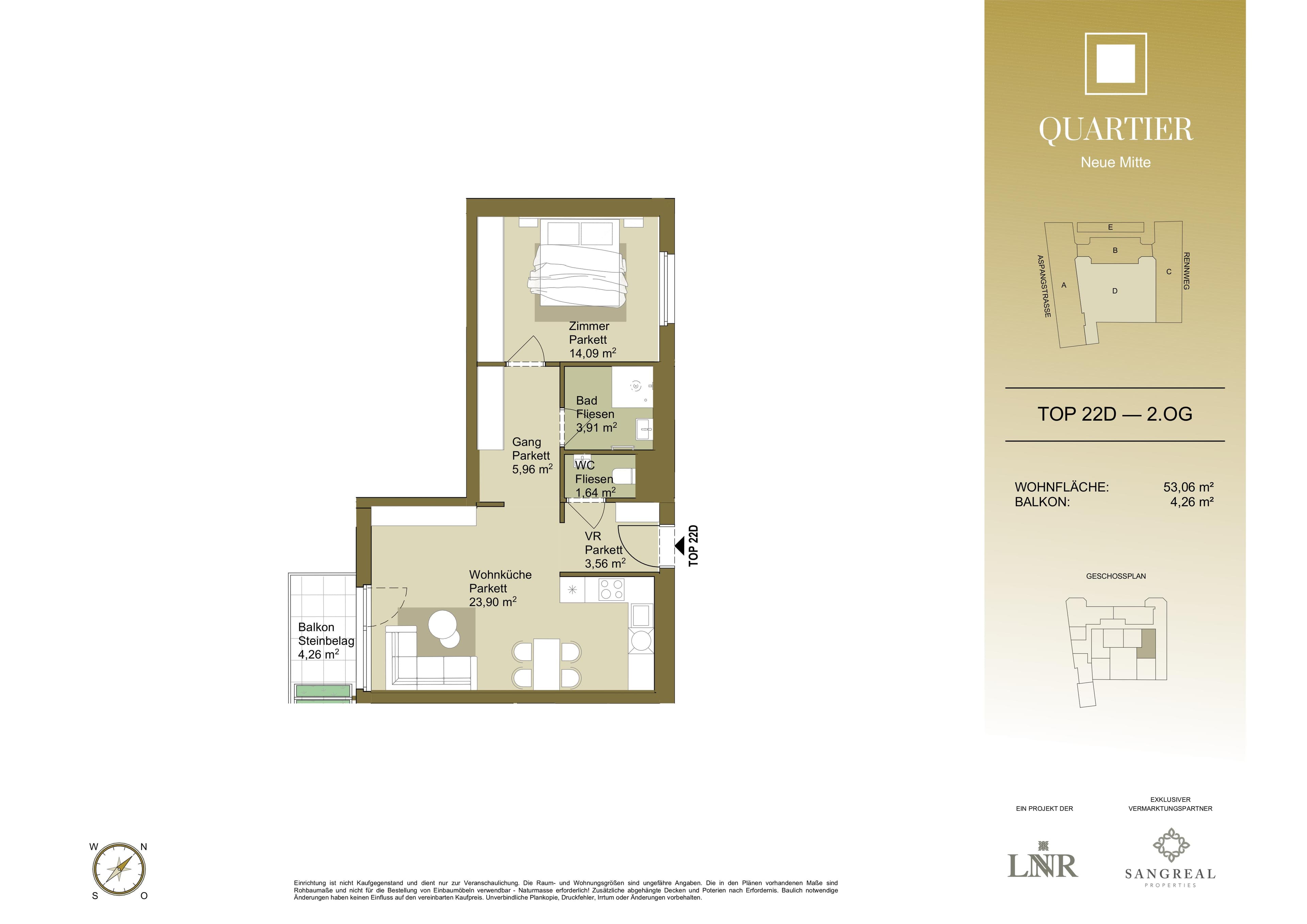 Grundriss Top 22D — Quartier Neue Mitte — 2 Zimmer — 53,1 m² — 2nd floor