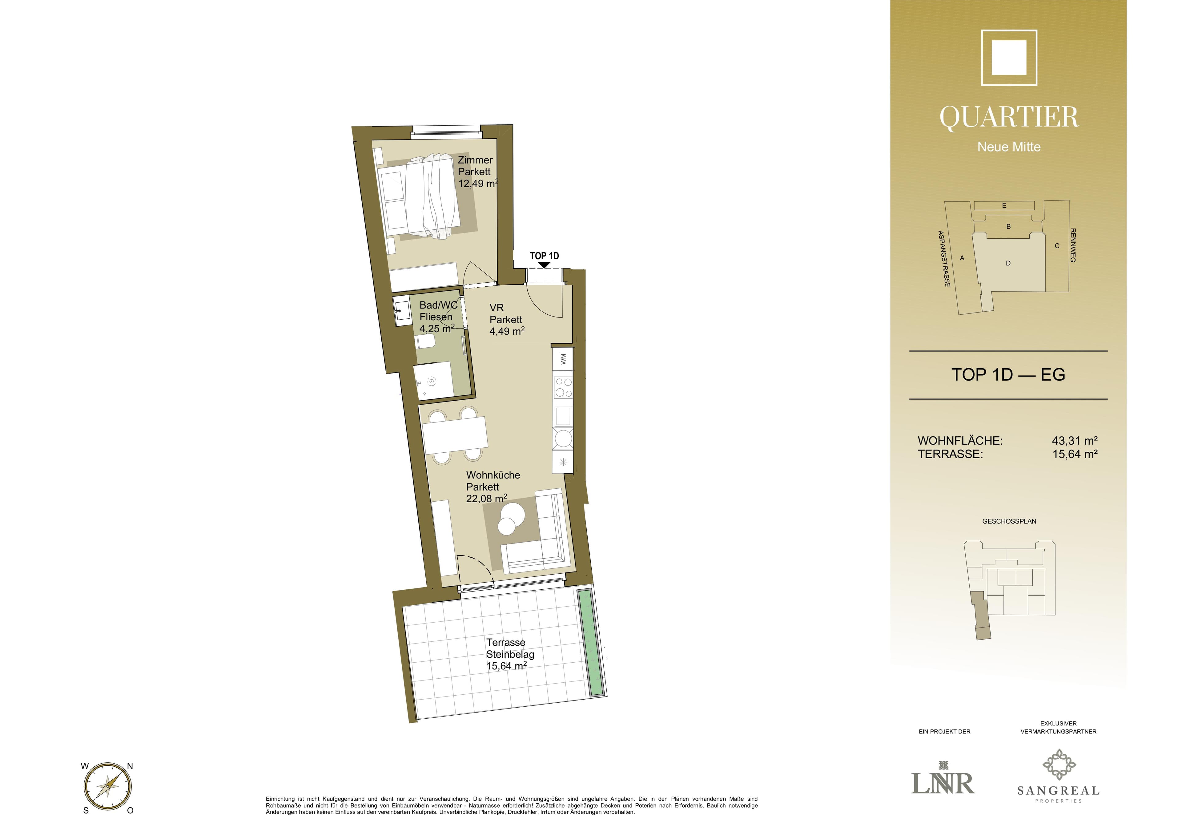 Grundriss Top 1D — Quartier Neue Mitte — 2 Zimmer — 43,3 m² — Ground floor