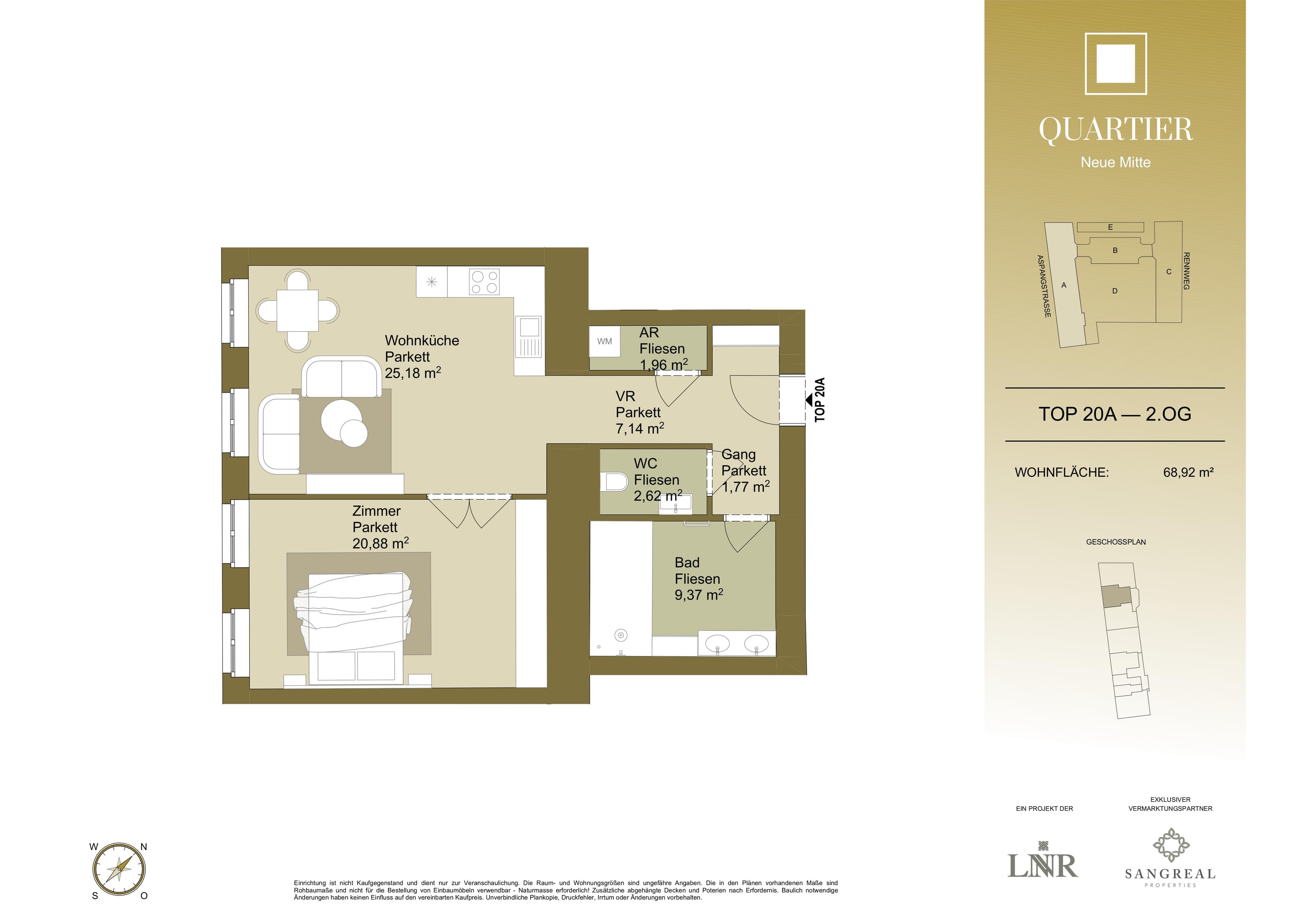Grundriss Top 20A — Quartier Neue Mitte — 2 Zimmer — 68,9 m² — 2nd floor