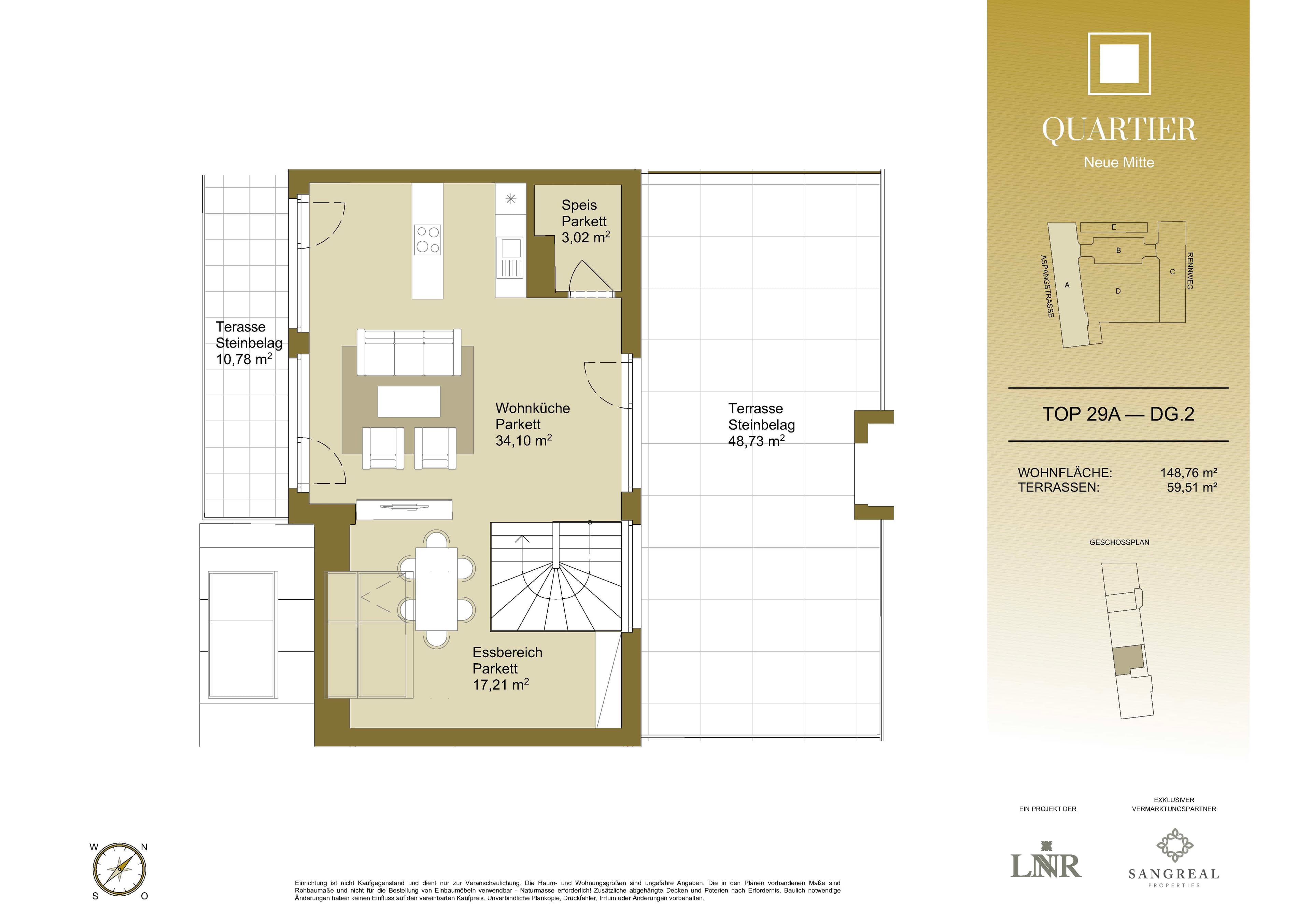 Grundriss Top 29A — Quartier Neue Mitte — 3 Zimmer — 148,8 m² — 1st attic floor / 2nd attic floor — Grundriss 2/2
