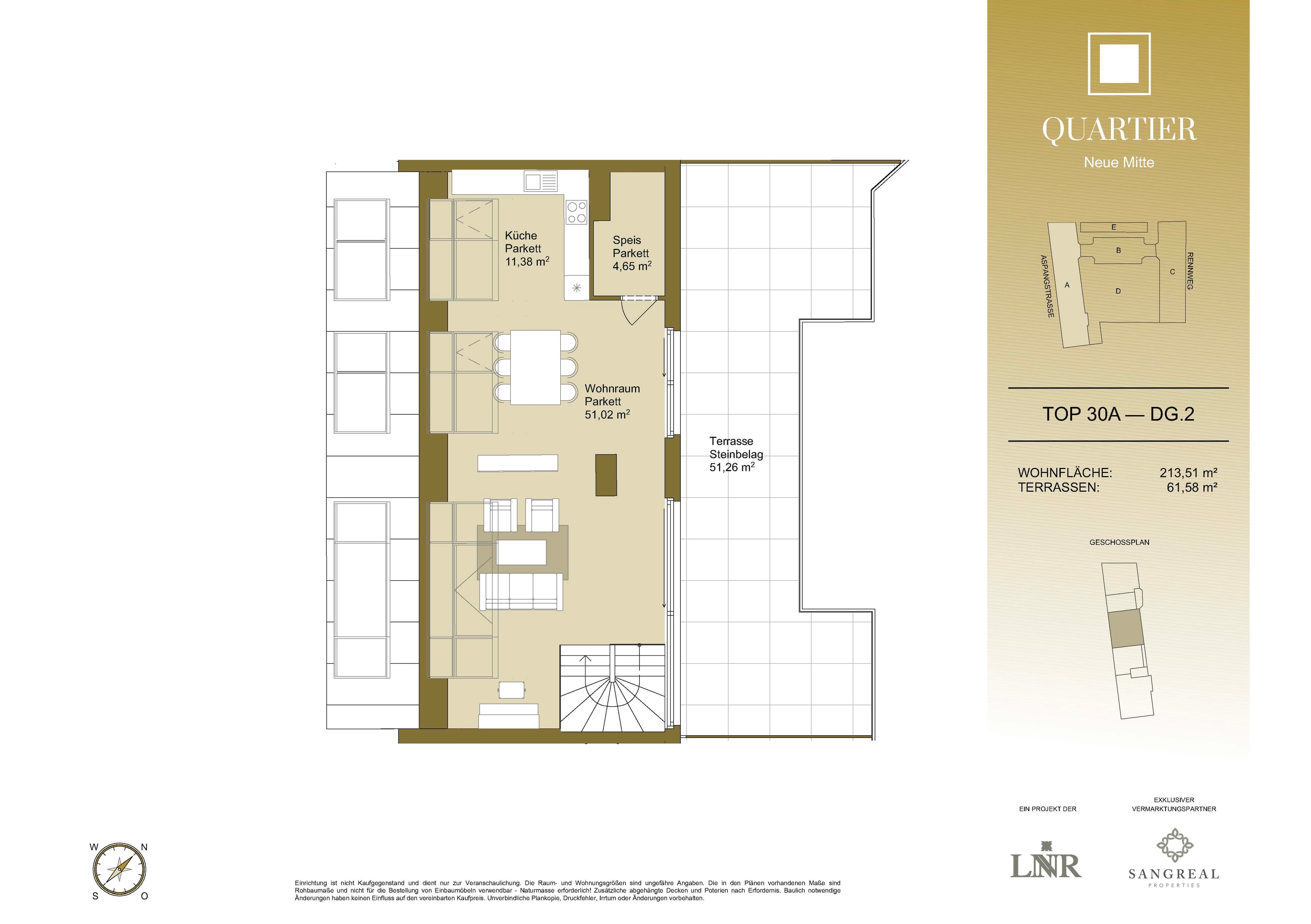Grundriss Top 30A — Quartier Neue Mitte — 4 Zimmer — 213,5 m² — 1st attic floor / 2nd attic floor — Grundriss 2/2