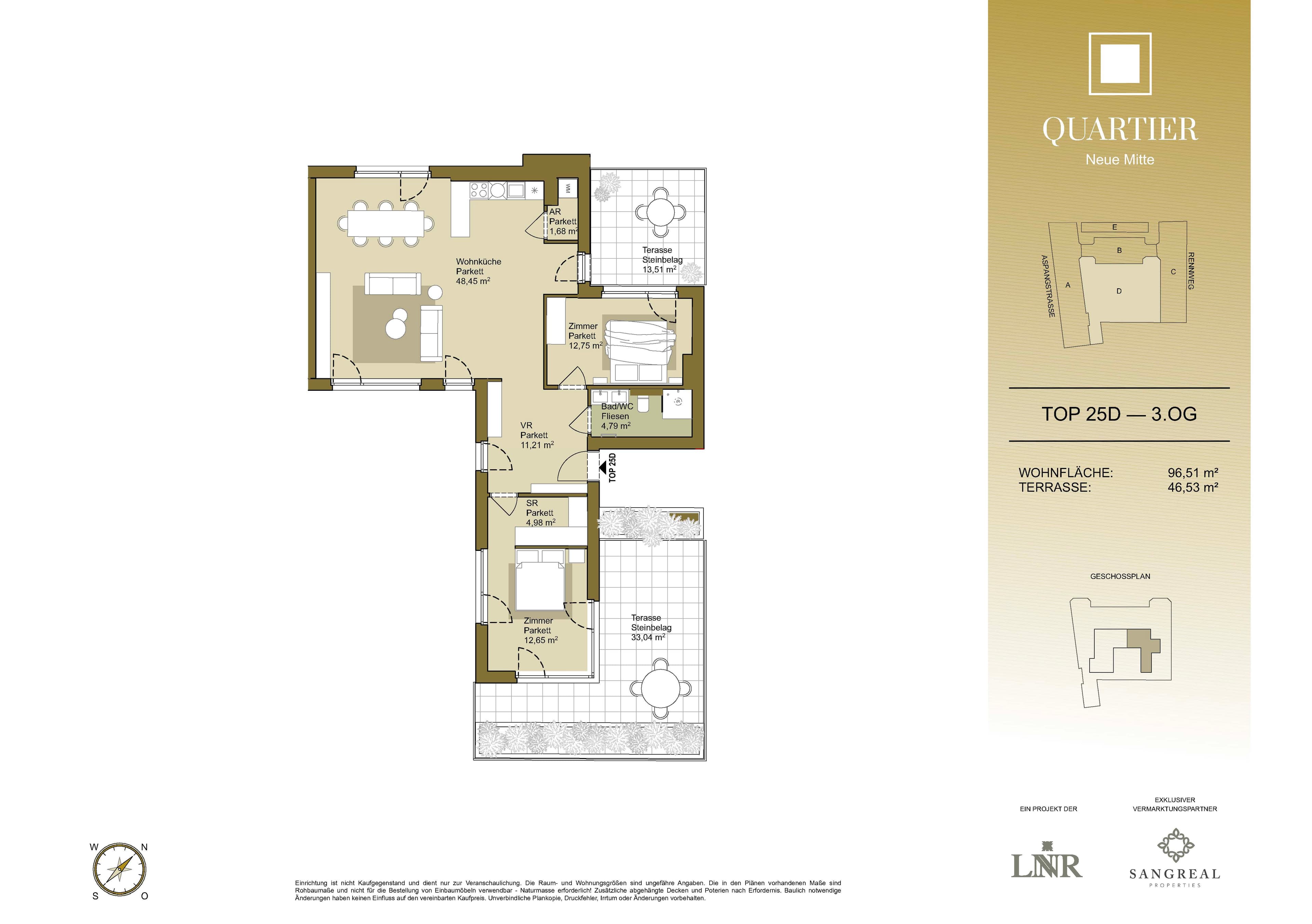 Grundriss Top 25D — Quartier Neue Mitte — 3 Zimmer — 96,5 m² — 3rd floor — Grundriss 1/2