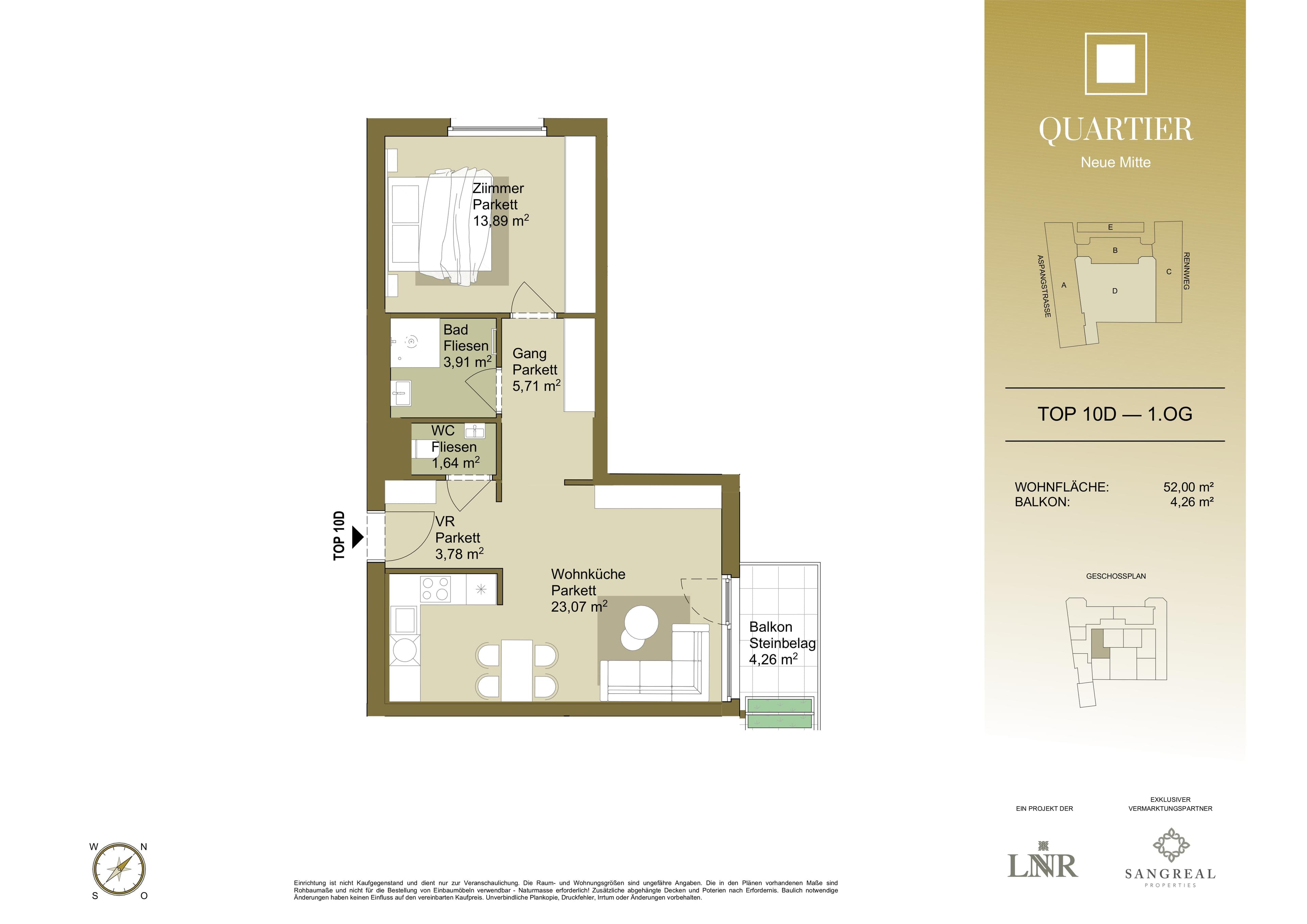 Grundriss Top 10D — Quartier Neue Mitte — 2 Zimmer — 52 m² — 1st floor