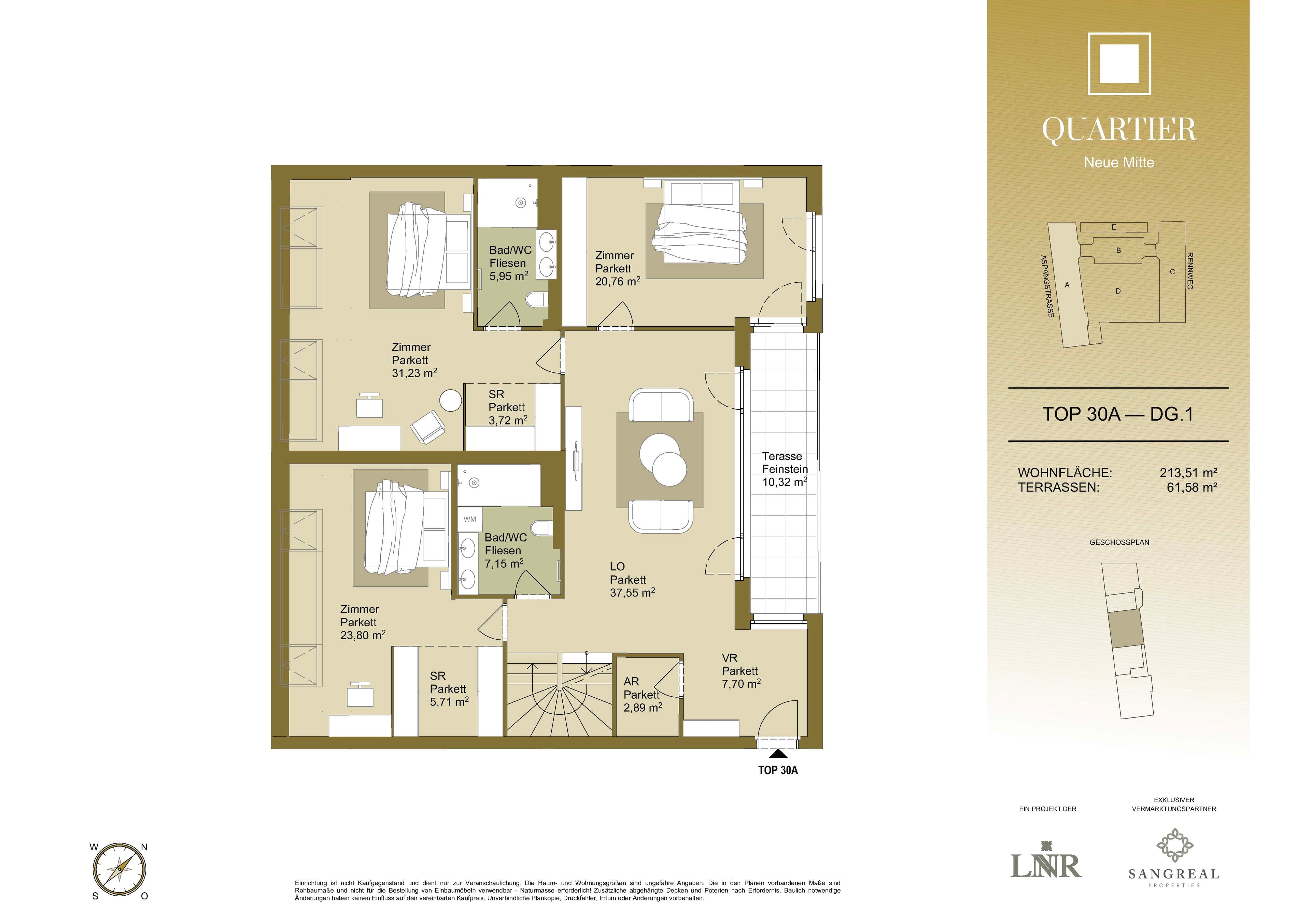 Grundriss Top 30A — Quartier Neue Mitte — 4 Zimmer — 213,5 m² — 1st attic floor / 2nd attic floor — Grundriss 1/2