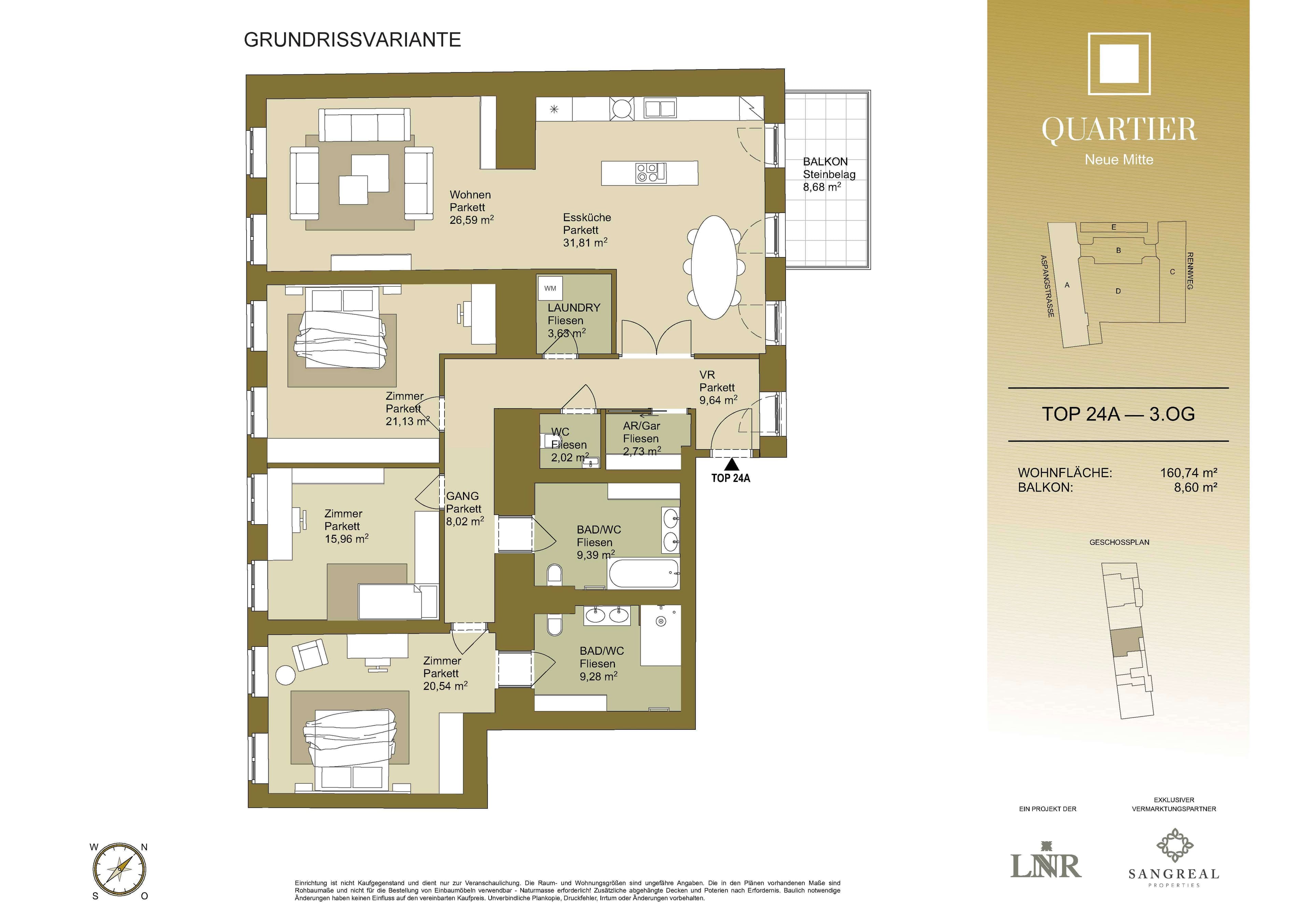 Grundriss Top 24A — Quartier Neue Mitte — 4 Zimmer — 159,4 m² — 3rd floor — Grundriss 2/2