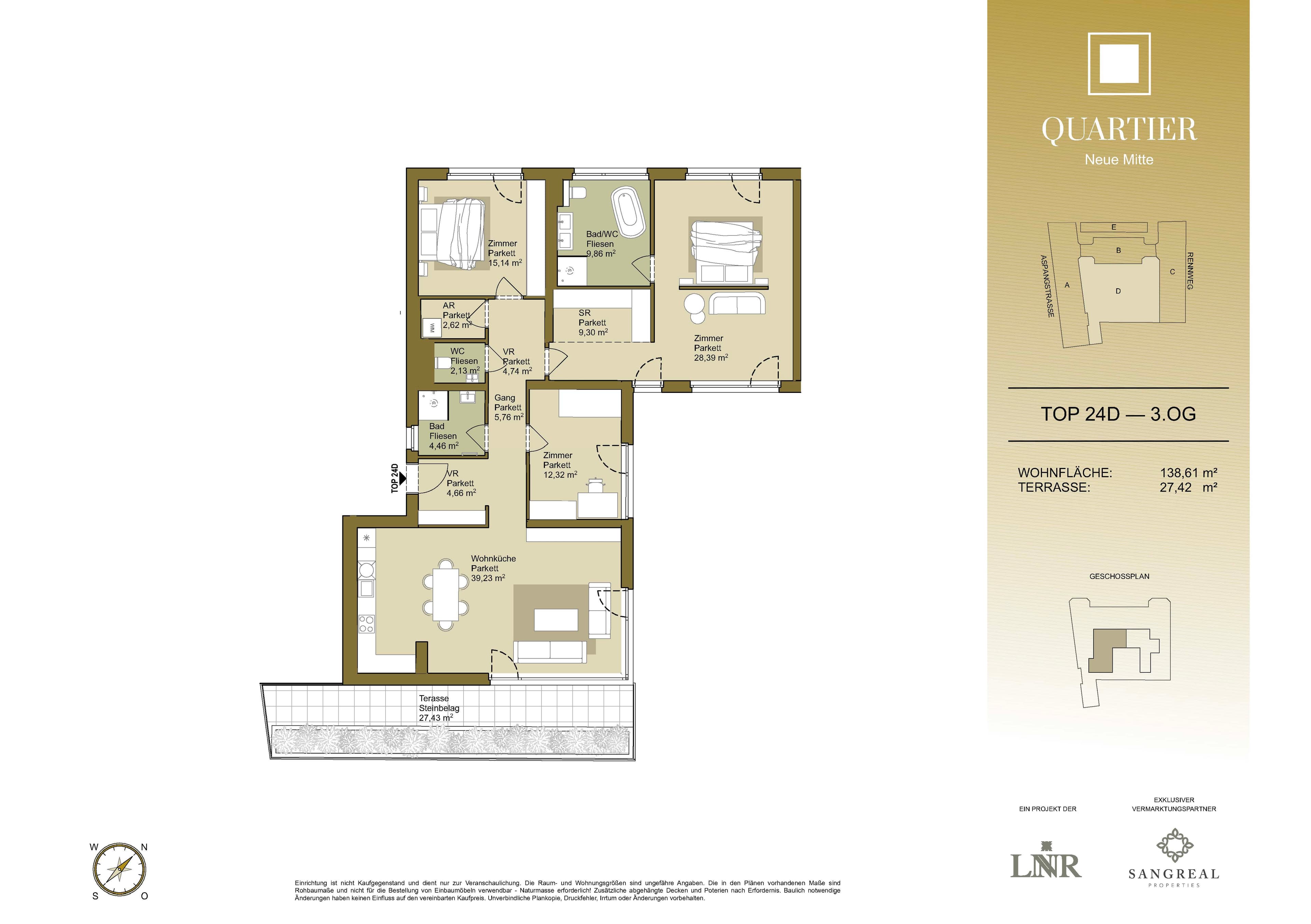 Grundriss Top 24D — Quartier Neue Mitte — 3 Zimmer — 139,6 m² — 3rd floor — Grundriss 1/2