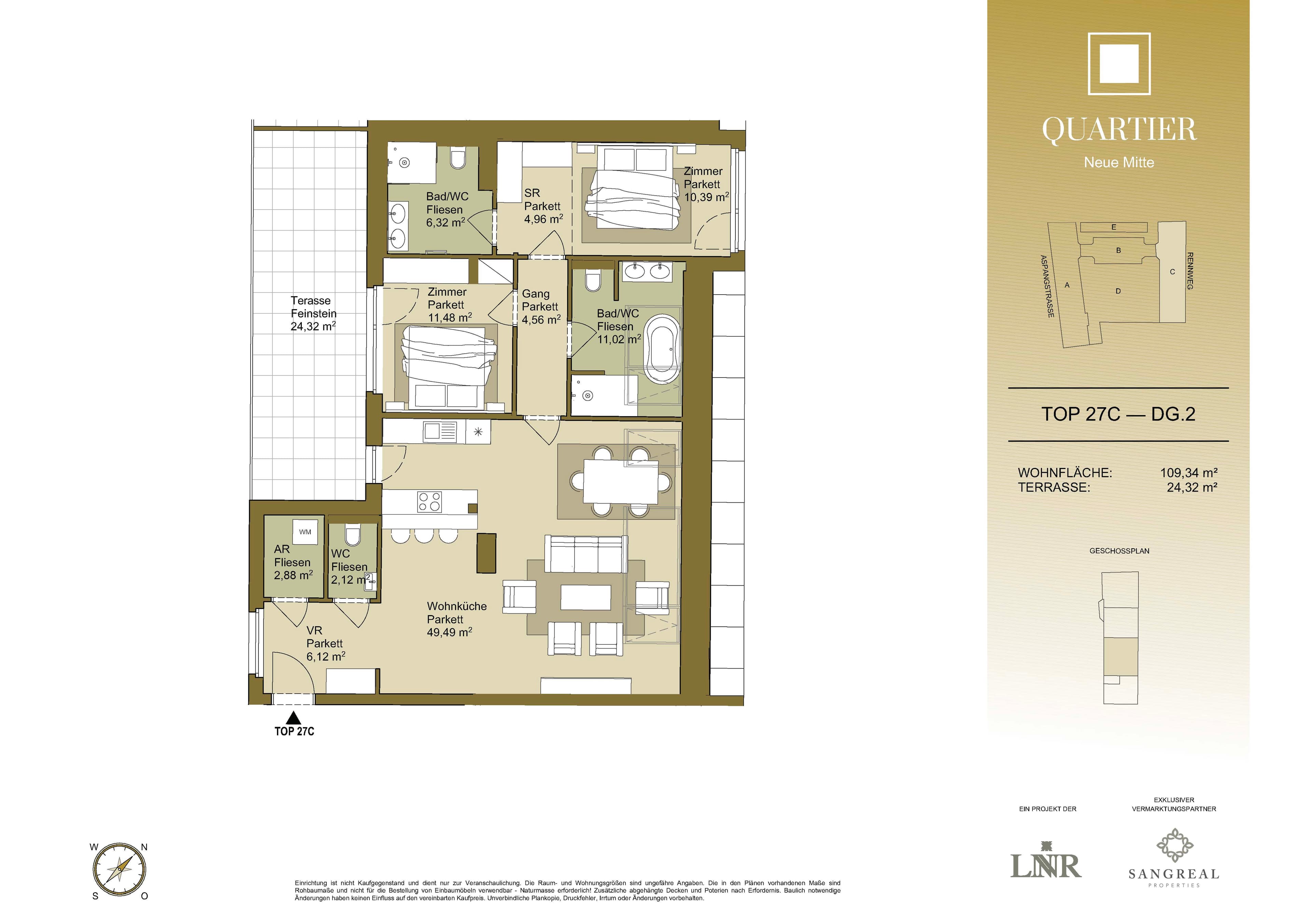 Grundriss Top 27C — Quartier Neue Mitte — 3 Zimmer — 109,4 m² — 2nd attic floor