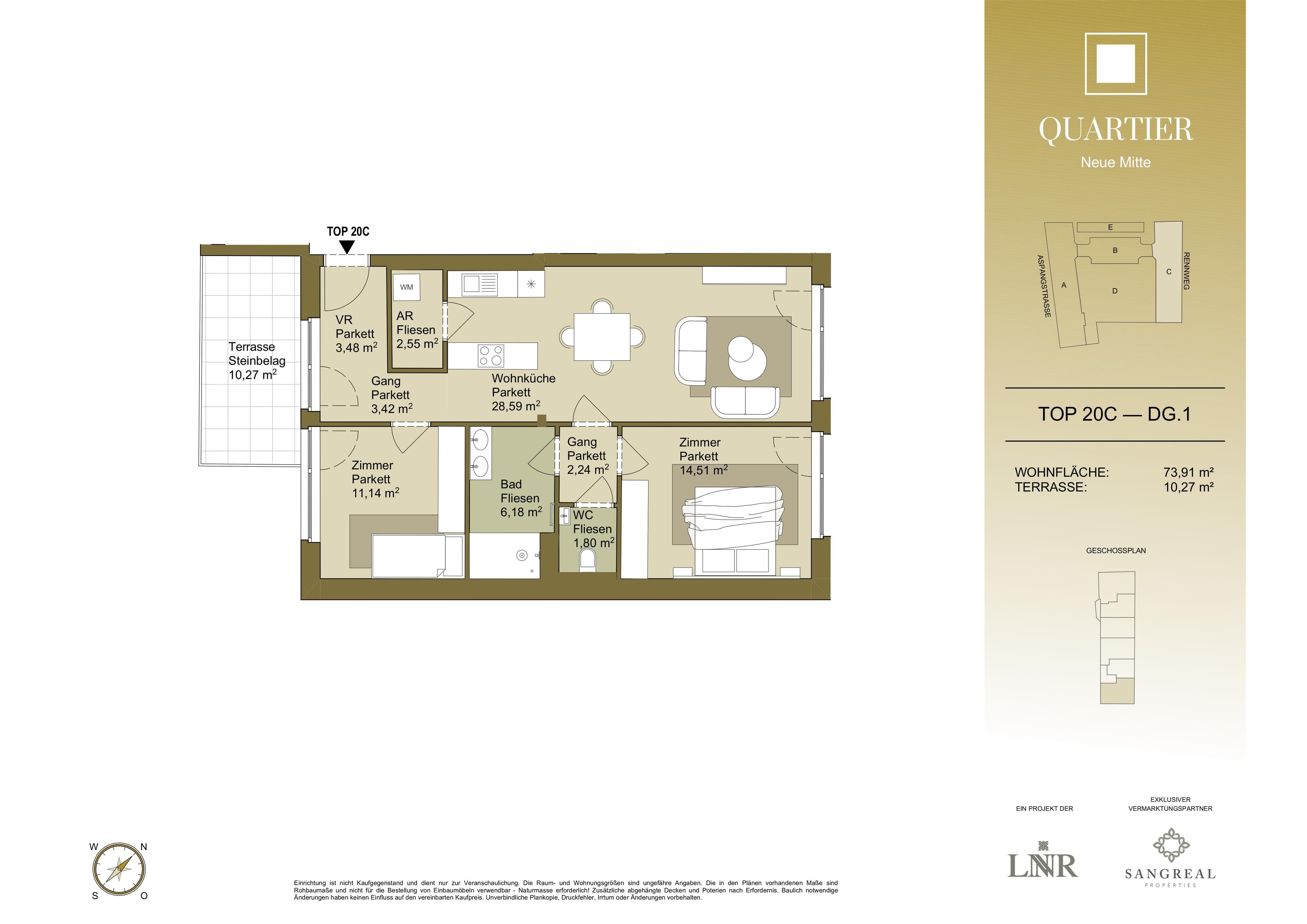 Grundriss Top 20C — Quartier Neue Mitte — 3 Zimmer — 73,9 m² — 1st attic floor