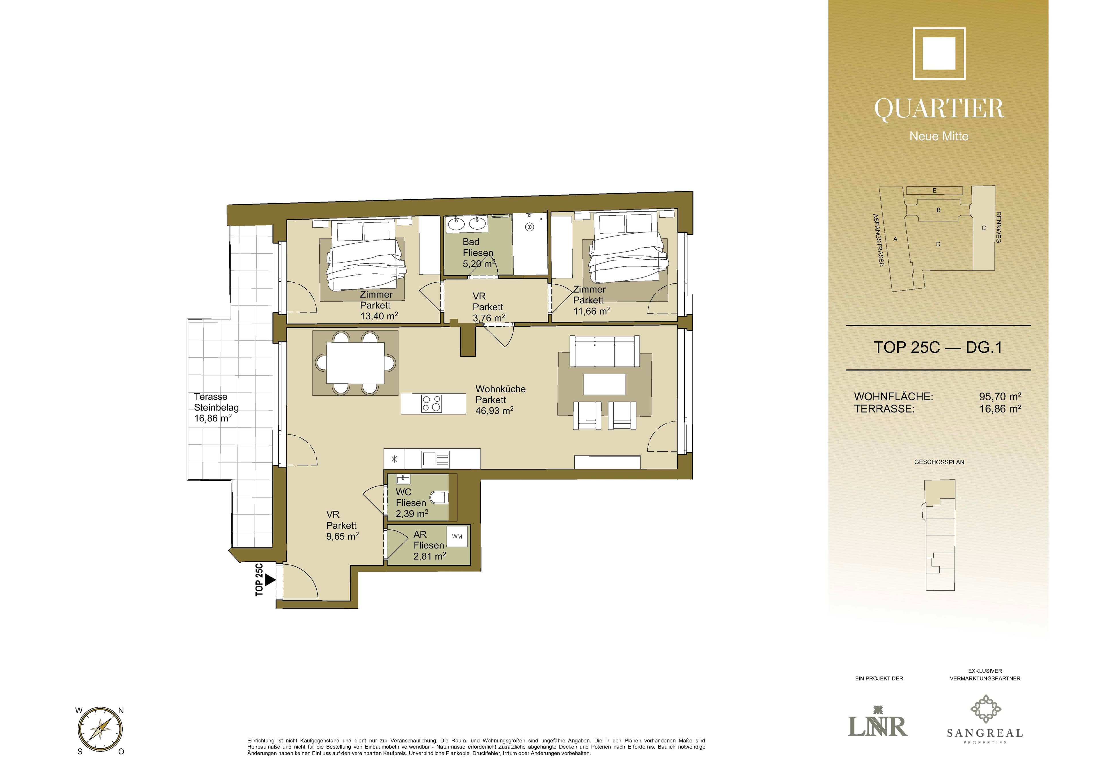 Grundriss Top 25C — Quartier Neue Mitte — 3 Zimmer — 95,7 m² — 1st attic floor