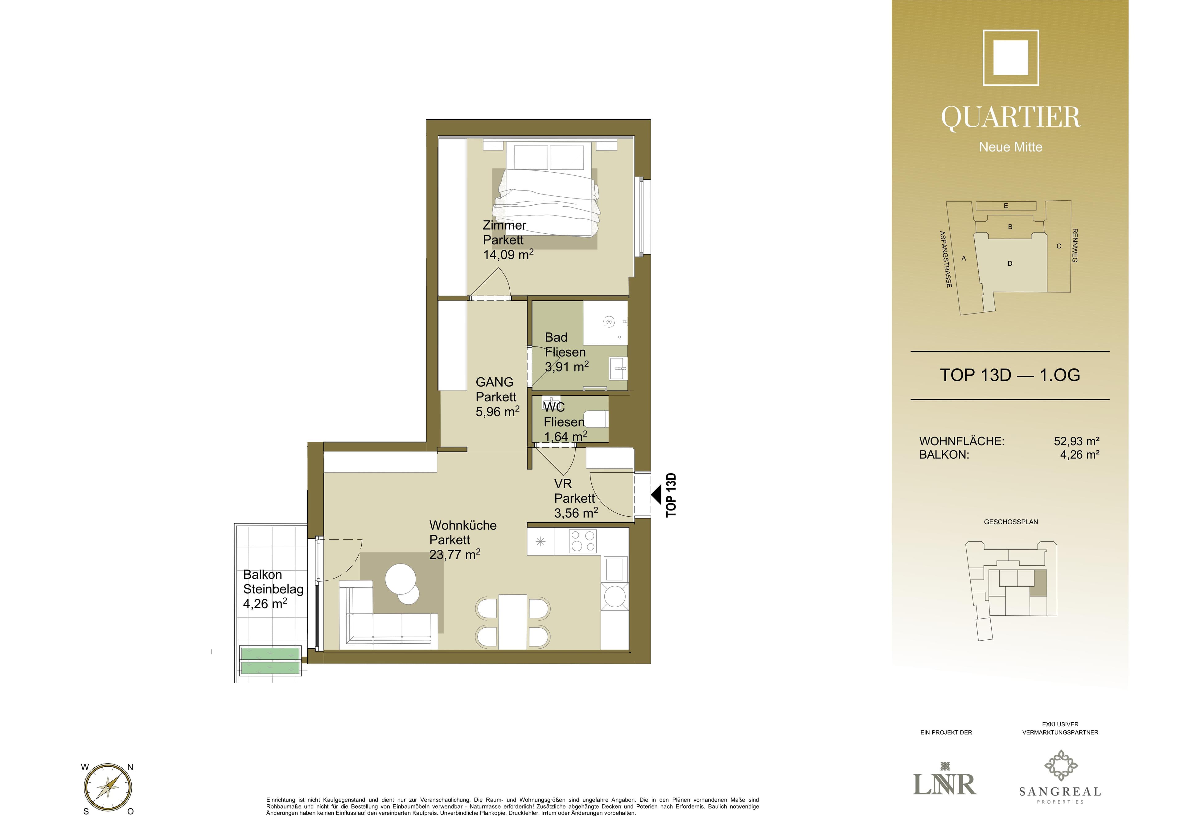 Grundriss Top 13D — Quartier Neue Mitte — 2 Zimmer — 52,9 m² — 1st floor