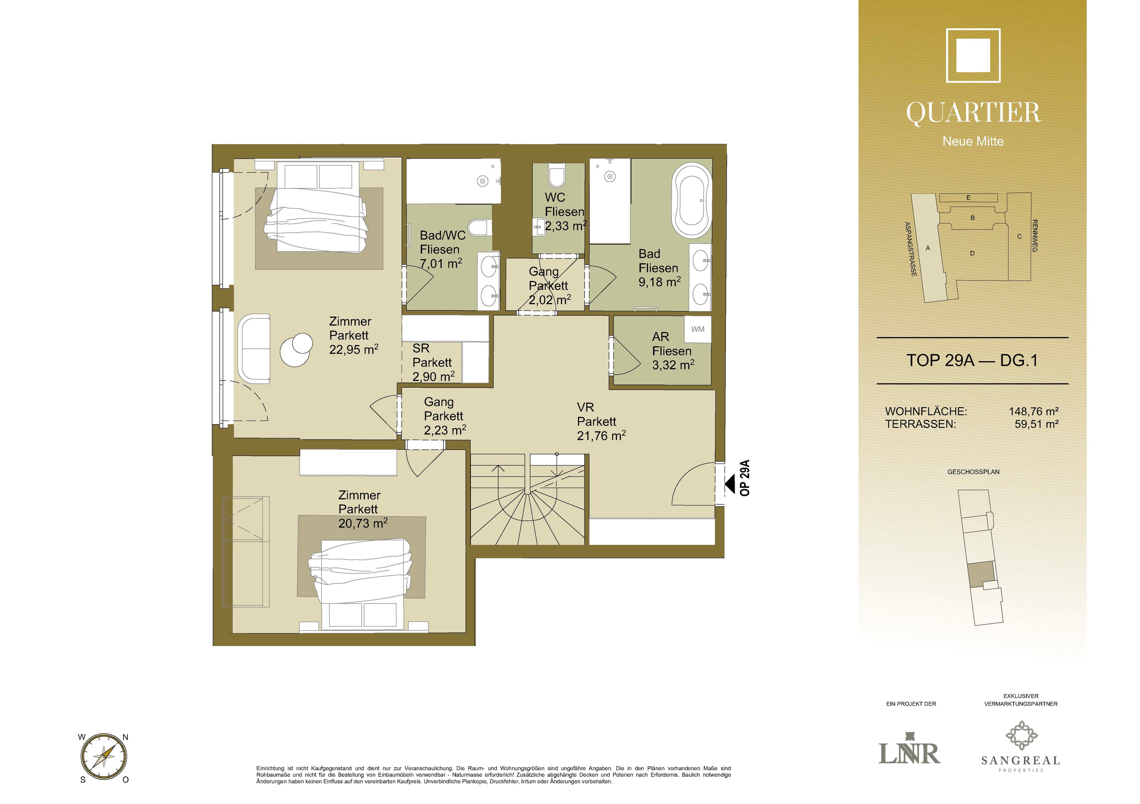 Grundriss Top 29A — Quartier Neue Mitte — 3 Zimmer — 148,8 m² — 1st attic floor / 2nd attic floor — Grundriss 1/2