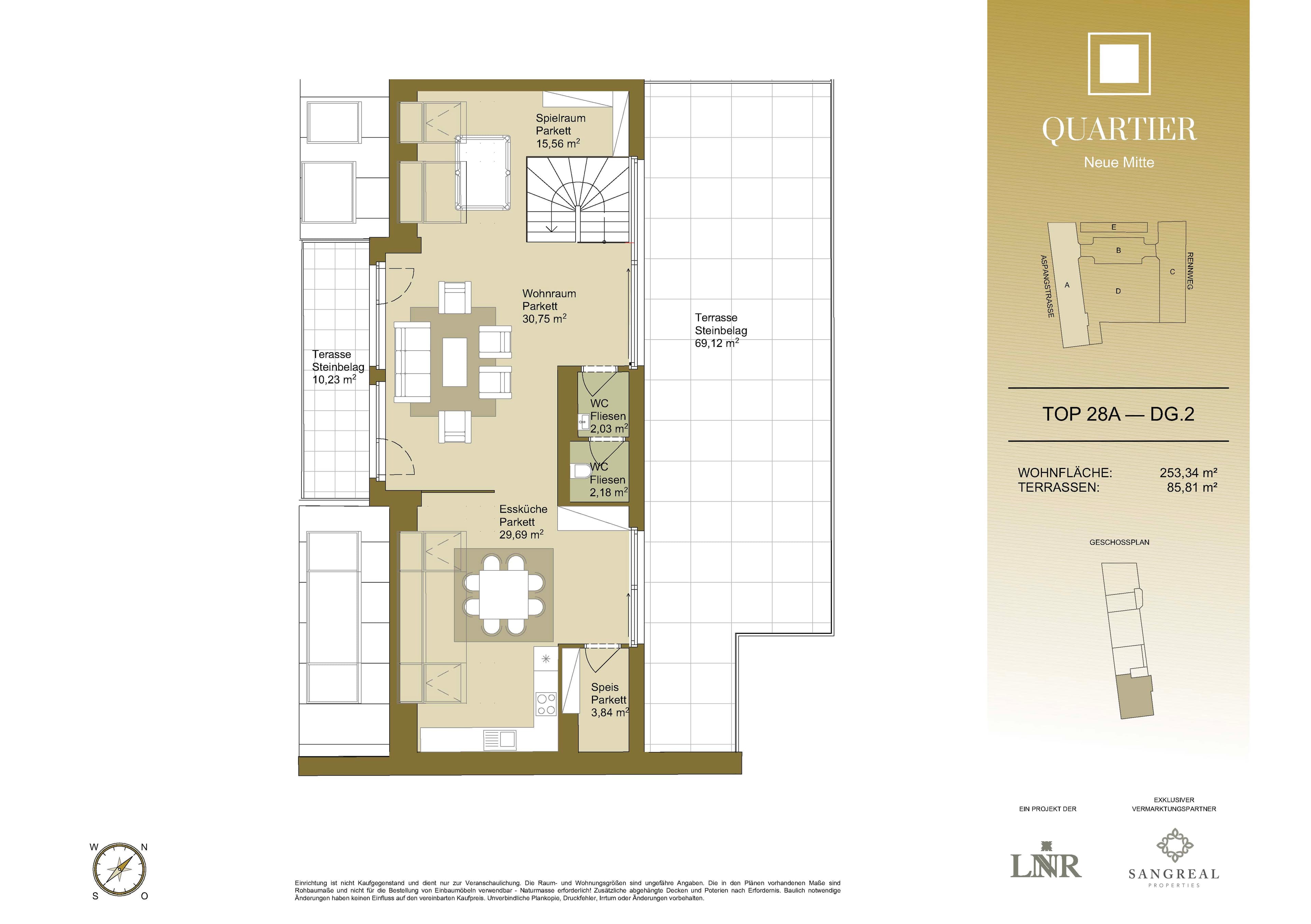 Grundriss Top 28A — Quartier Neue Mitte — 5 Zimmer — 253,3 m² — 1st attic floor / 2nd attic floor — Grundriss 2/2