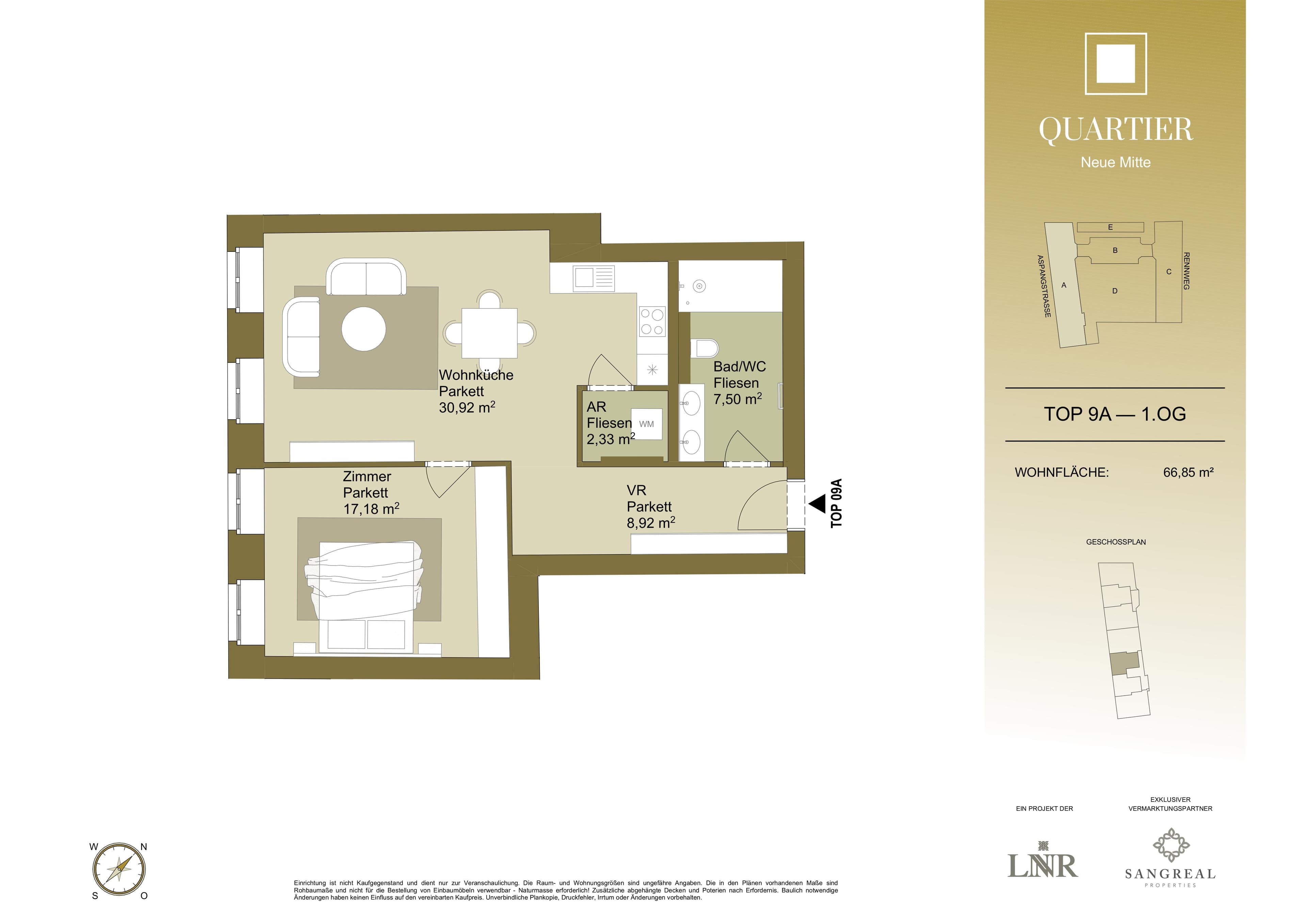 Grundriss Top 9A — Quartier Neue Mitte — 2 Zimmer — 66,9 m² — 1st floor