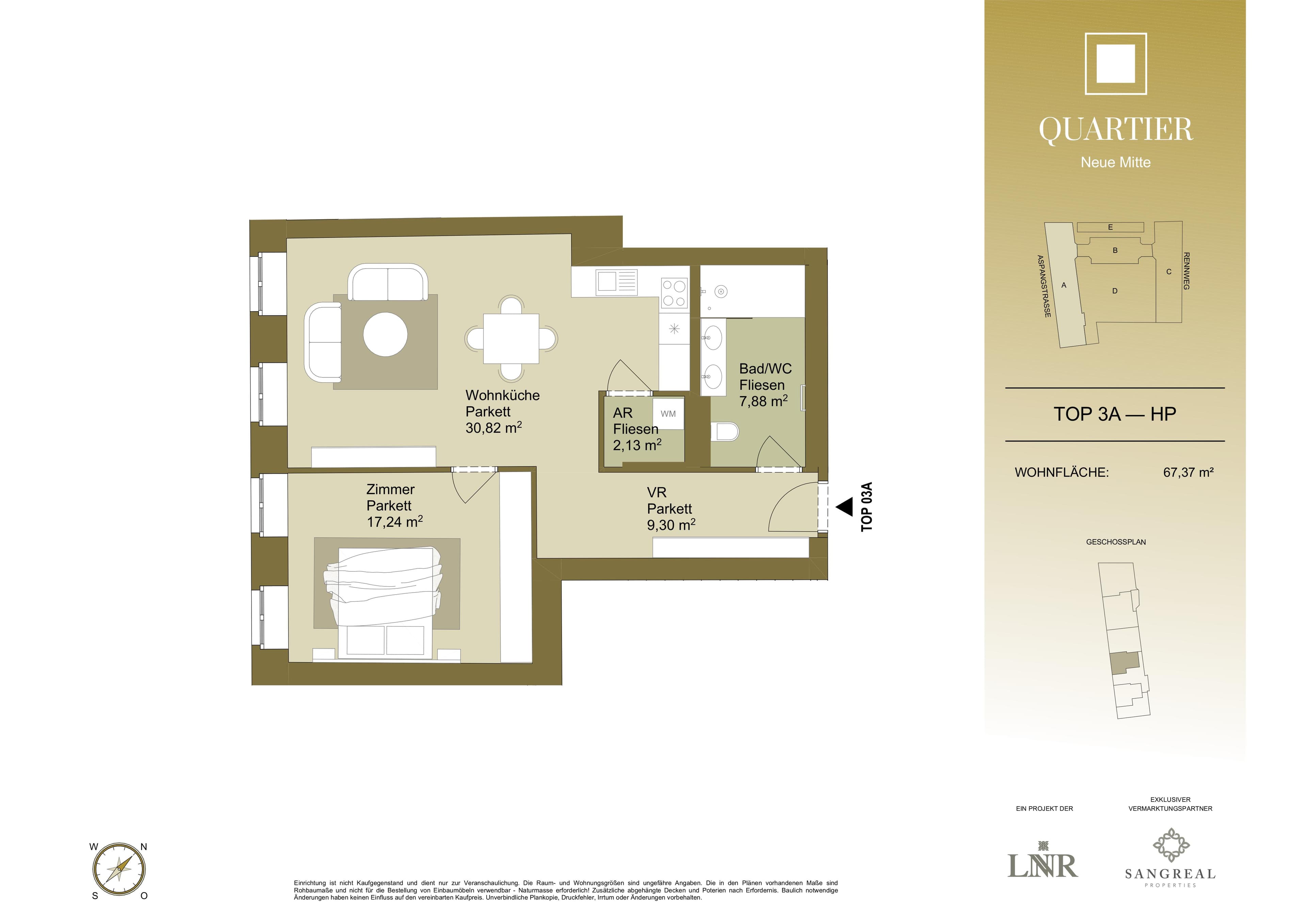 Grundriss Top 3A — Quartier Neue Mitte — 2 Zimmer — 67,4 m² — Ground floor