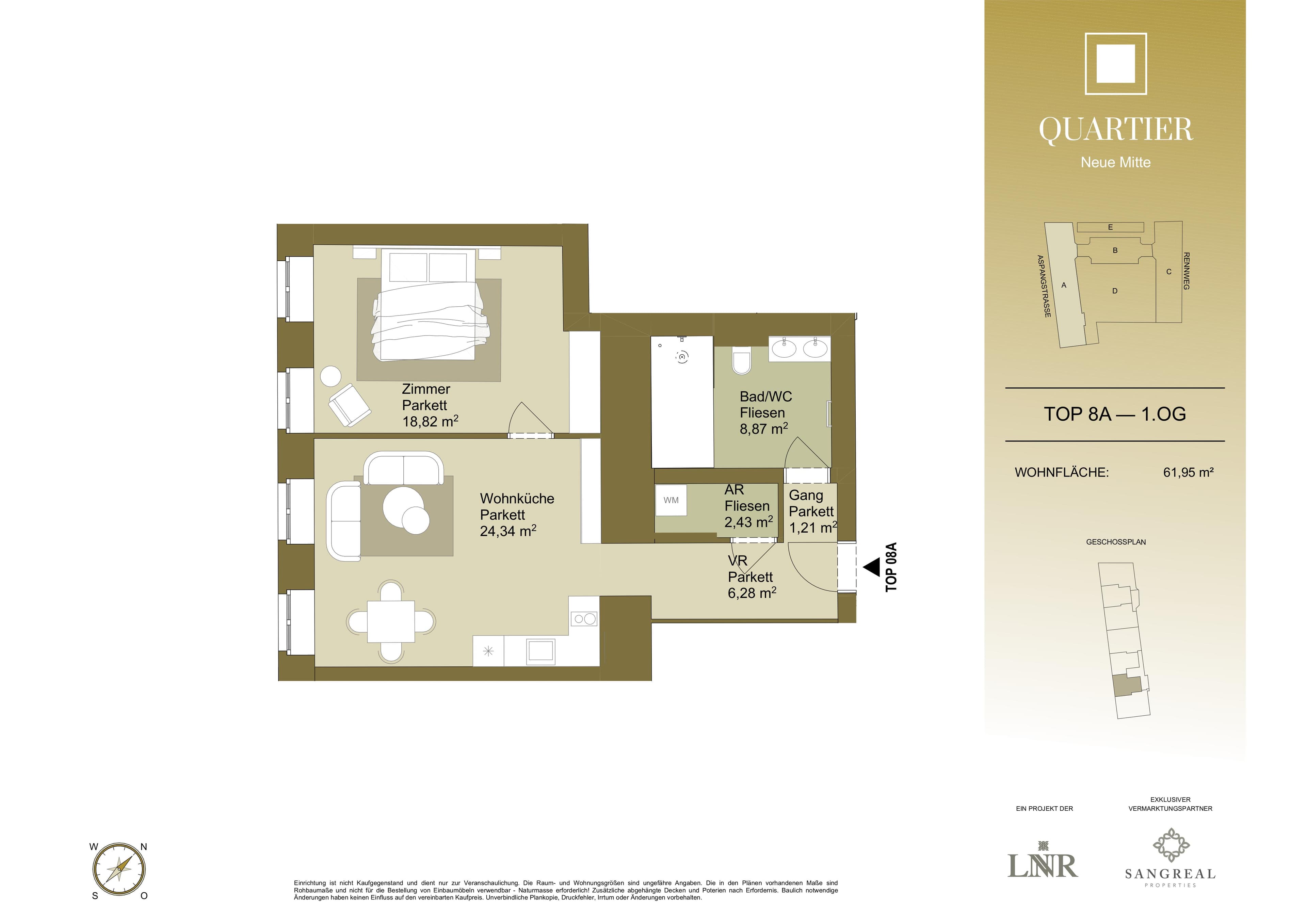 Grundriss Top 8A — Quartier Neue Mitte — 2 Zimmer — 62 m² — 1st floor