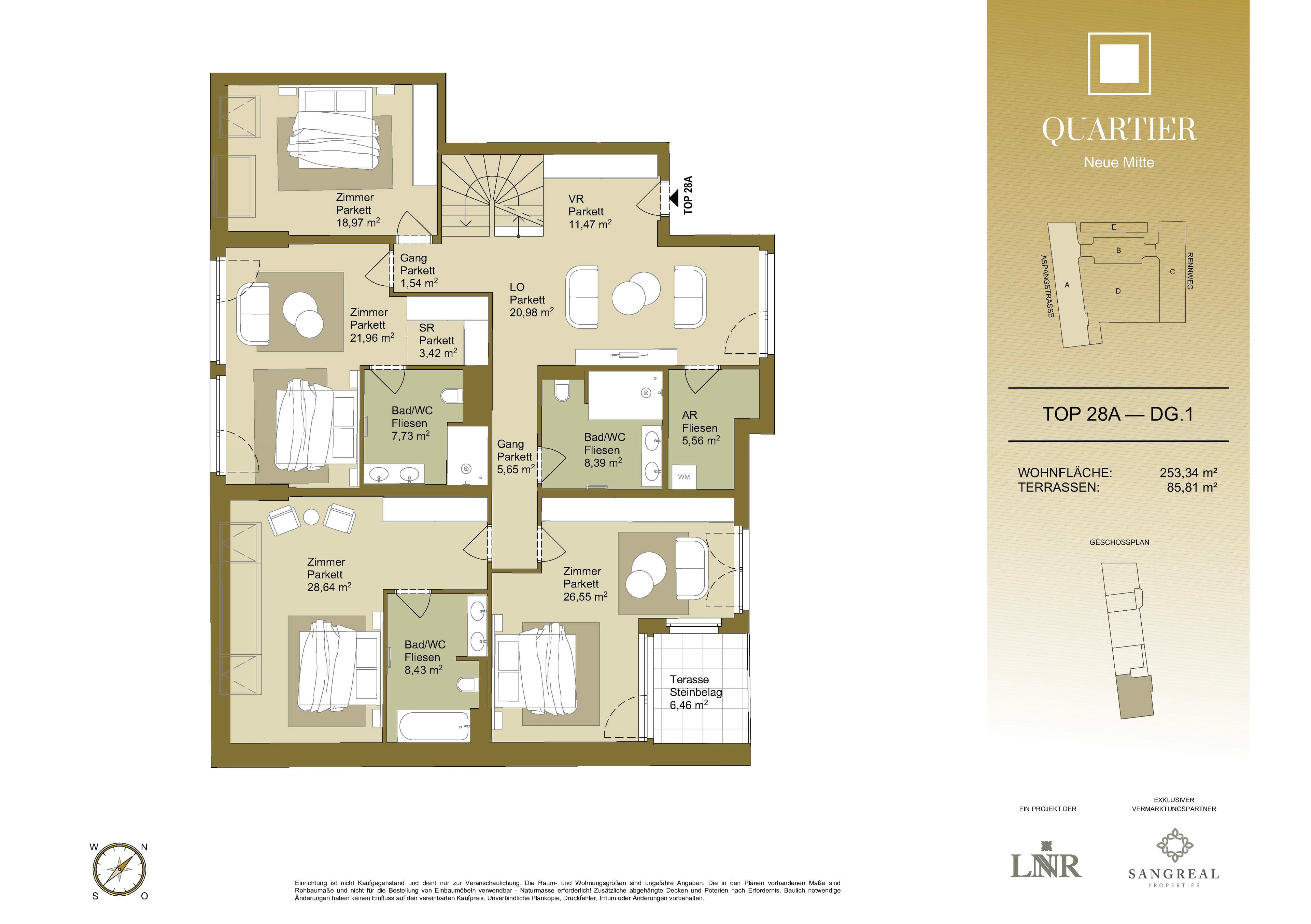 Grundriss Top 28A — Quartier Neue Mitte — 5 Zimmer — 253,3 m² — 1st attic floor / 2nd attic floor — Grundriss 1/2