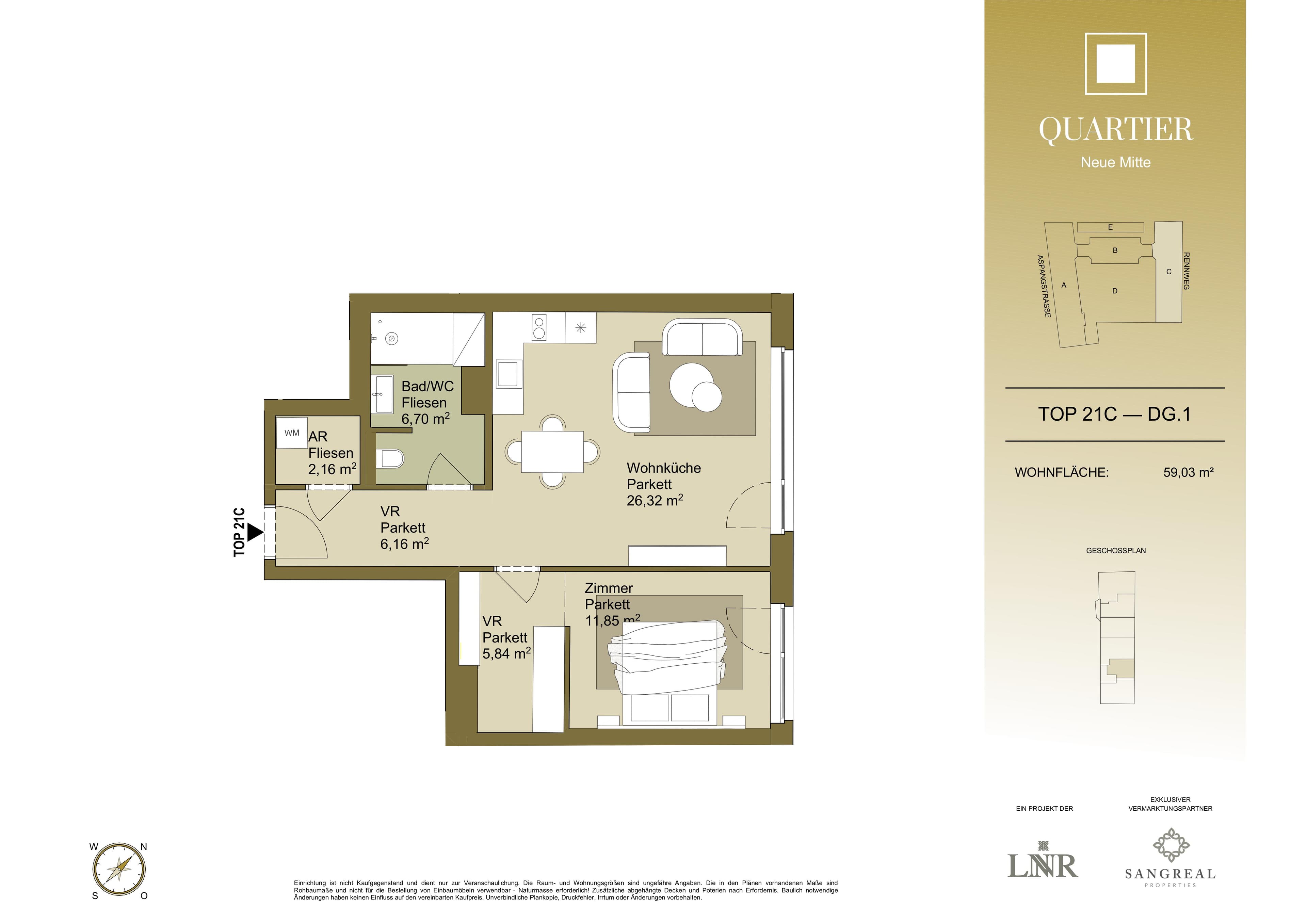 Grundriss Top 21C — Quartier Neue Mitte — 2 Zimmer — 59 m² — 1st attic floor
