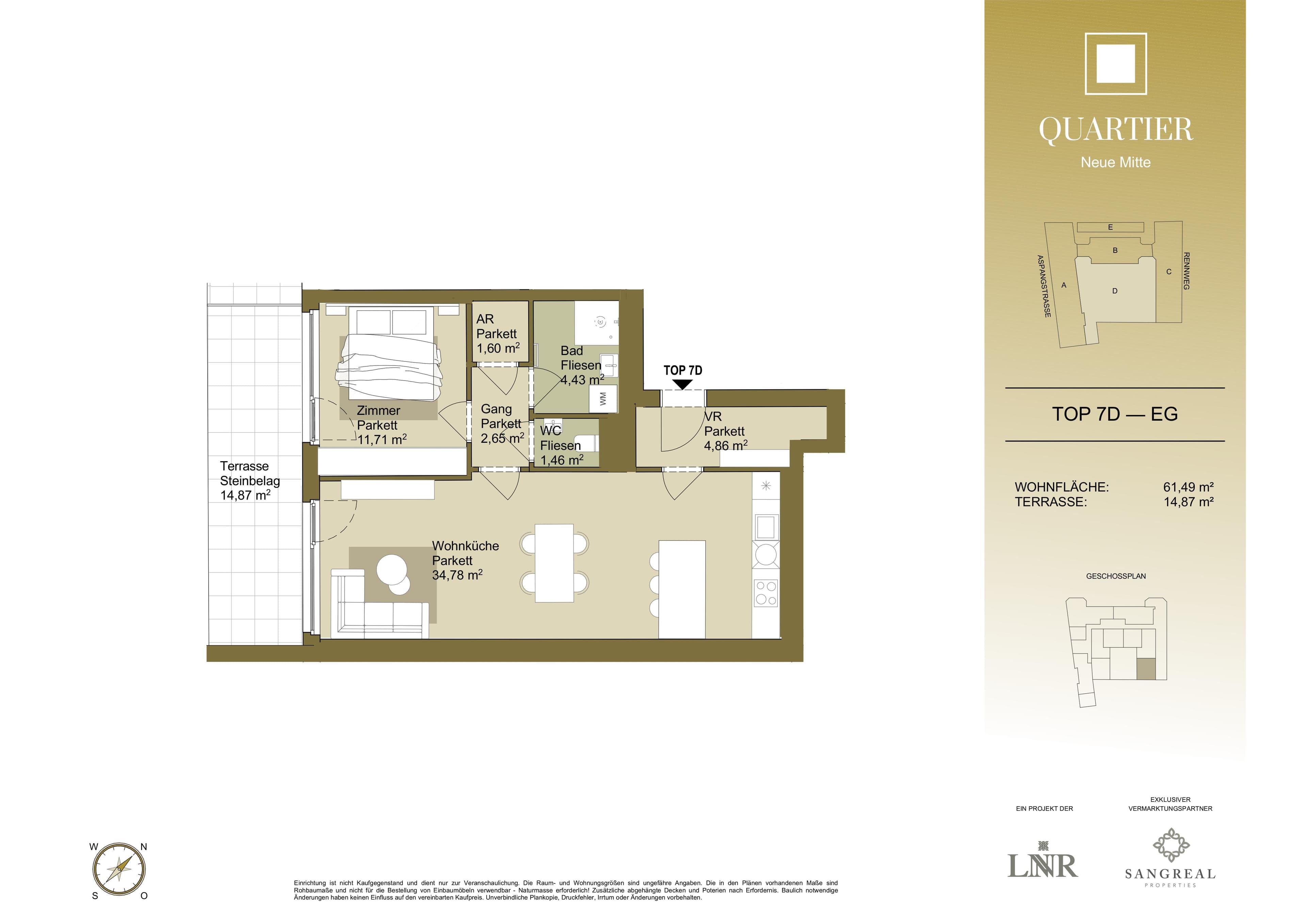 Grundriss Top 7D — Quartier Neue Mitte — 2 Zimmer — 61,5 m² — Ground floor