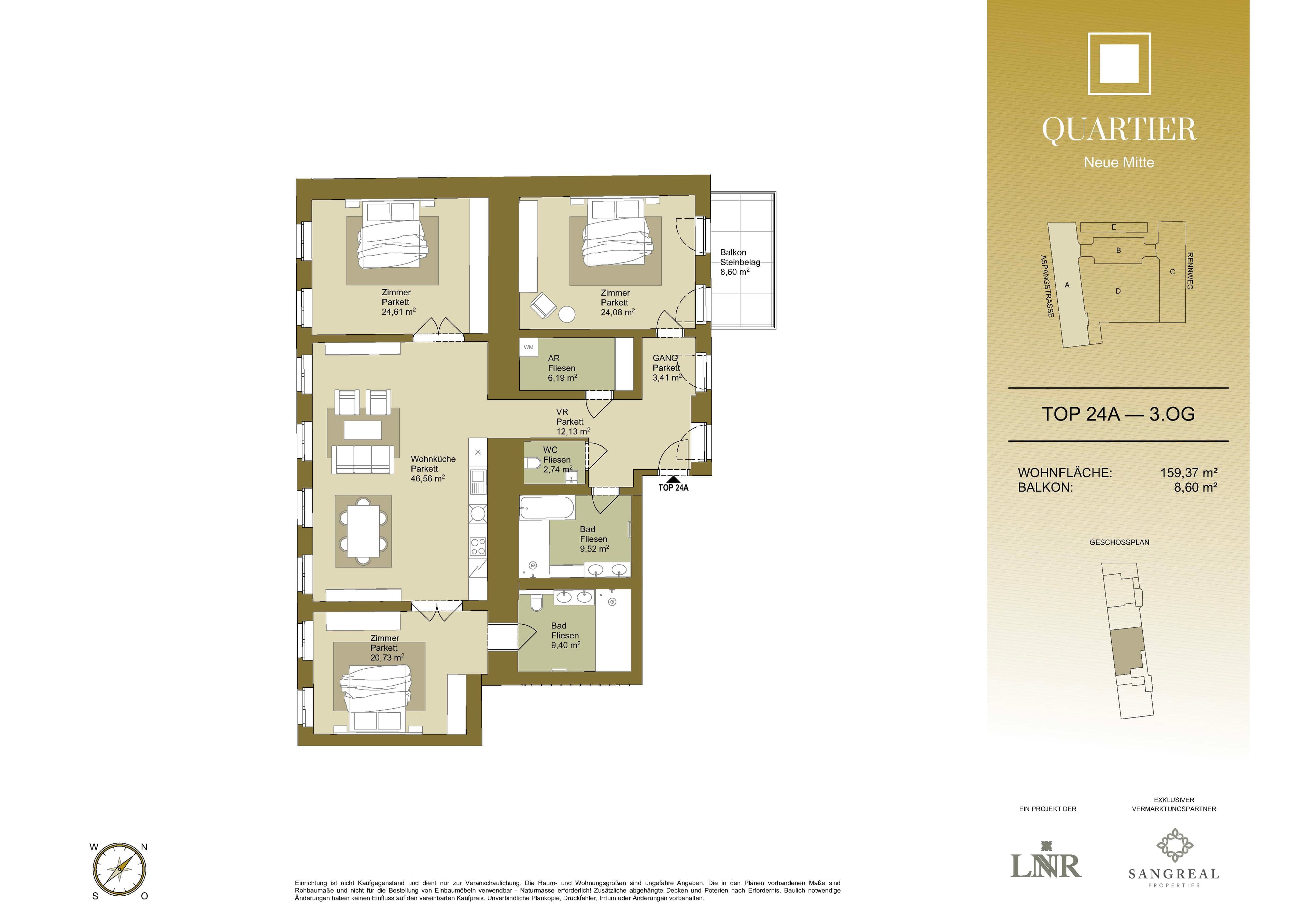 Grundriss Top 24A — Quartier Neue Mitte — 4 Zimmer — 159,4 m² — 3rd floor — Grundriss 1/2