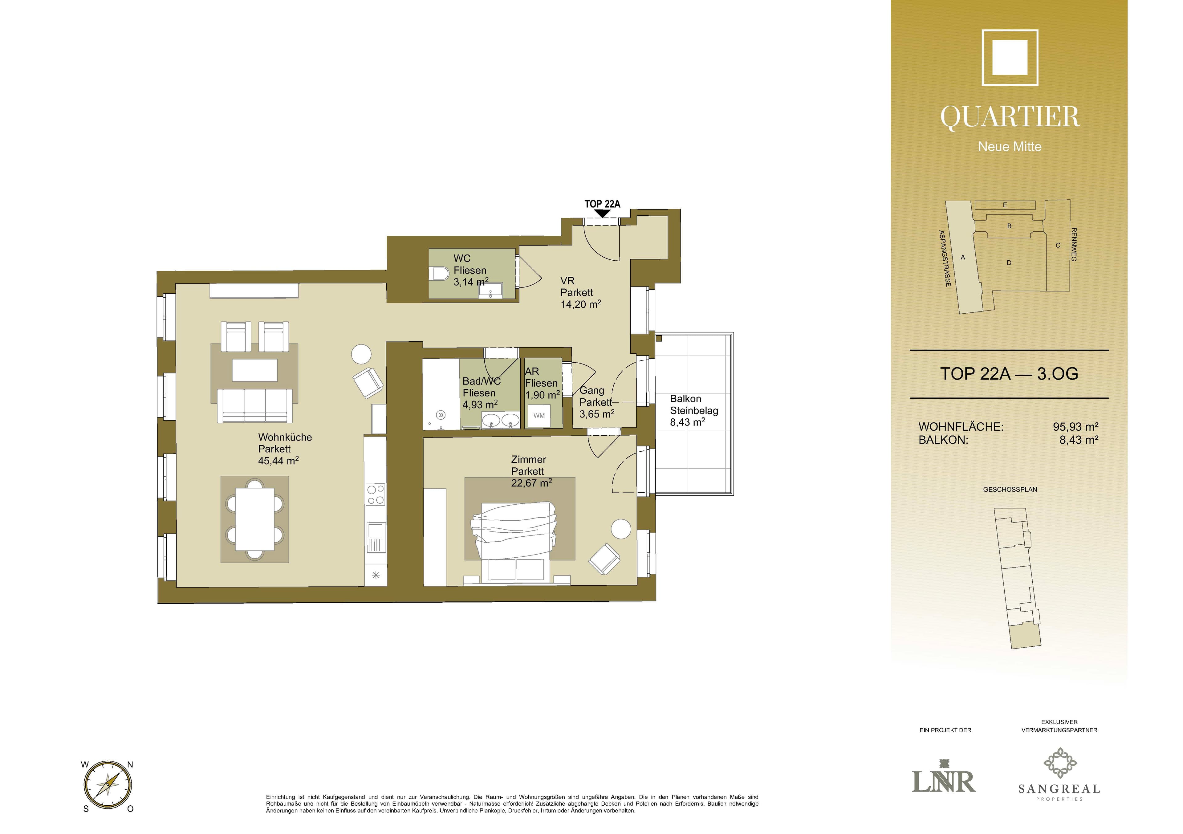 Grundriss Top 22A — Quartier Neue Mitte — 3 Zimmer — 95,9 m² — 3rd floor